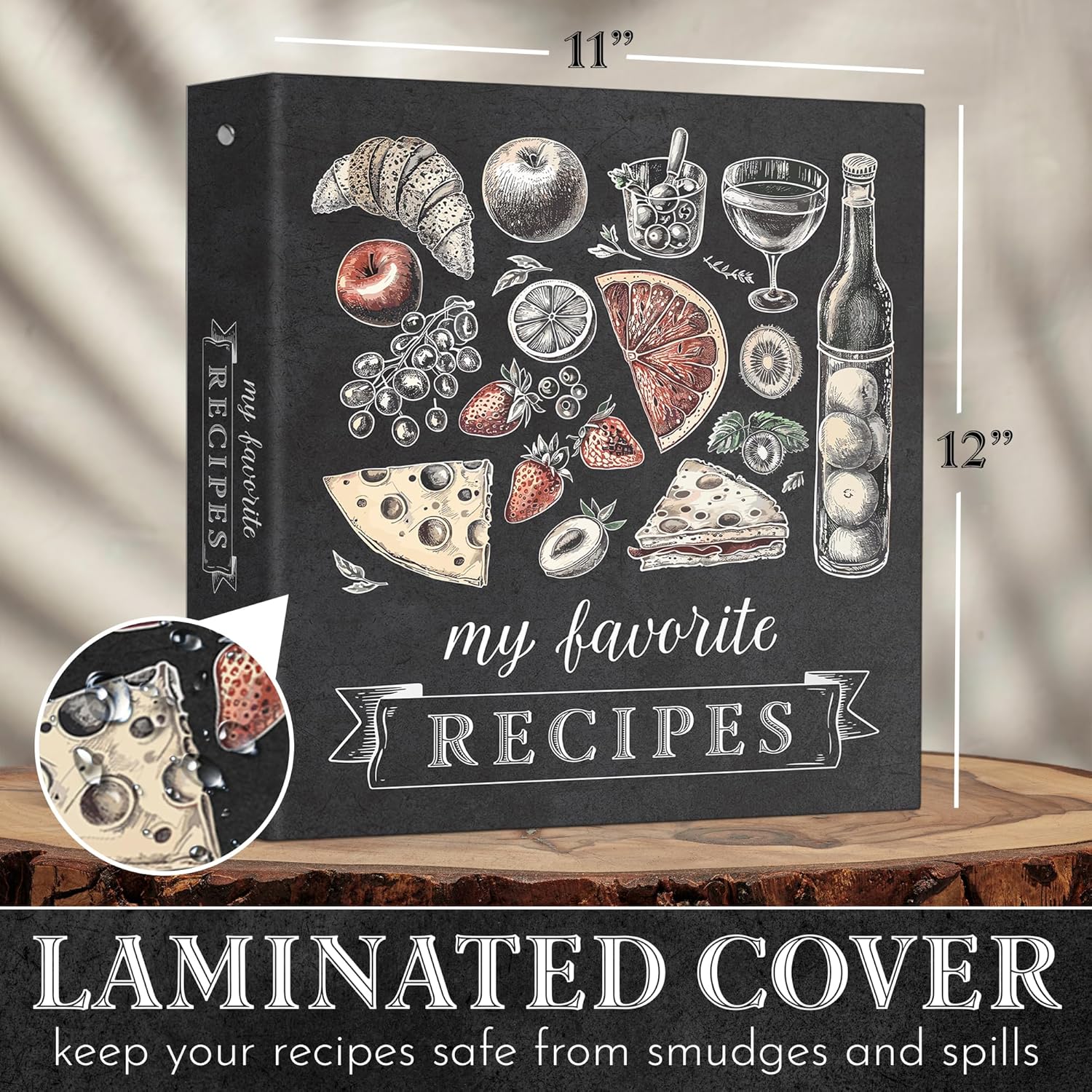 Elegant Black Recipe Binder Organizer, 3 Ring Cookbook Binder with Fruit, Pastries & Cheese Cover, Custom Black Dividers, 25 Protective Pages, 12 Categories, Cooking Conversions & Tips