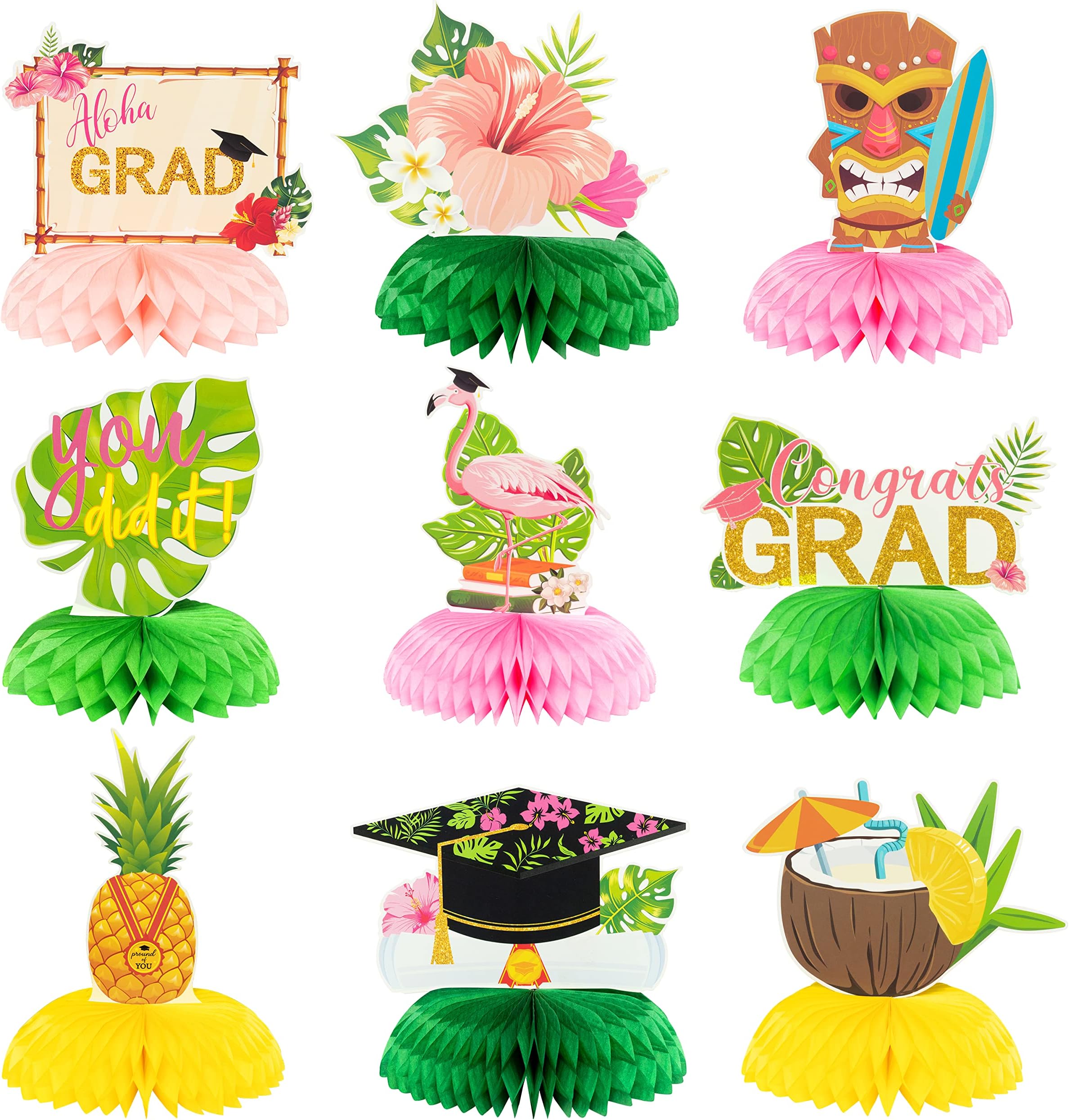MALLMALL69Pcs Hawaii Grad Honeycomb Centerpieces Congrats Graduation Photo Booth Props Class of 2023 Party Supplies Decorations, Table Topper Decor with Palm Leaves, Graduation Caps for Graduates