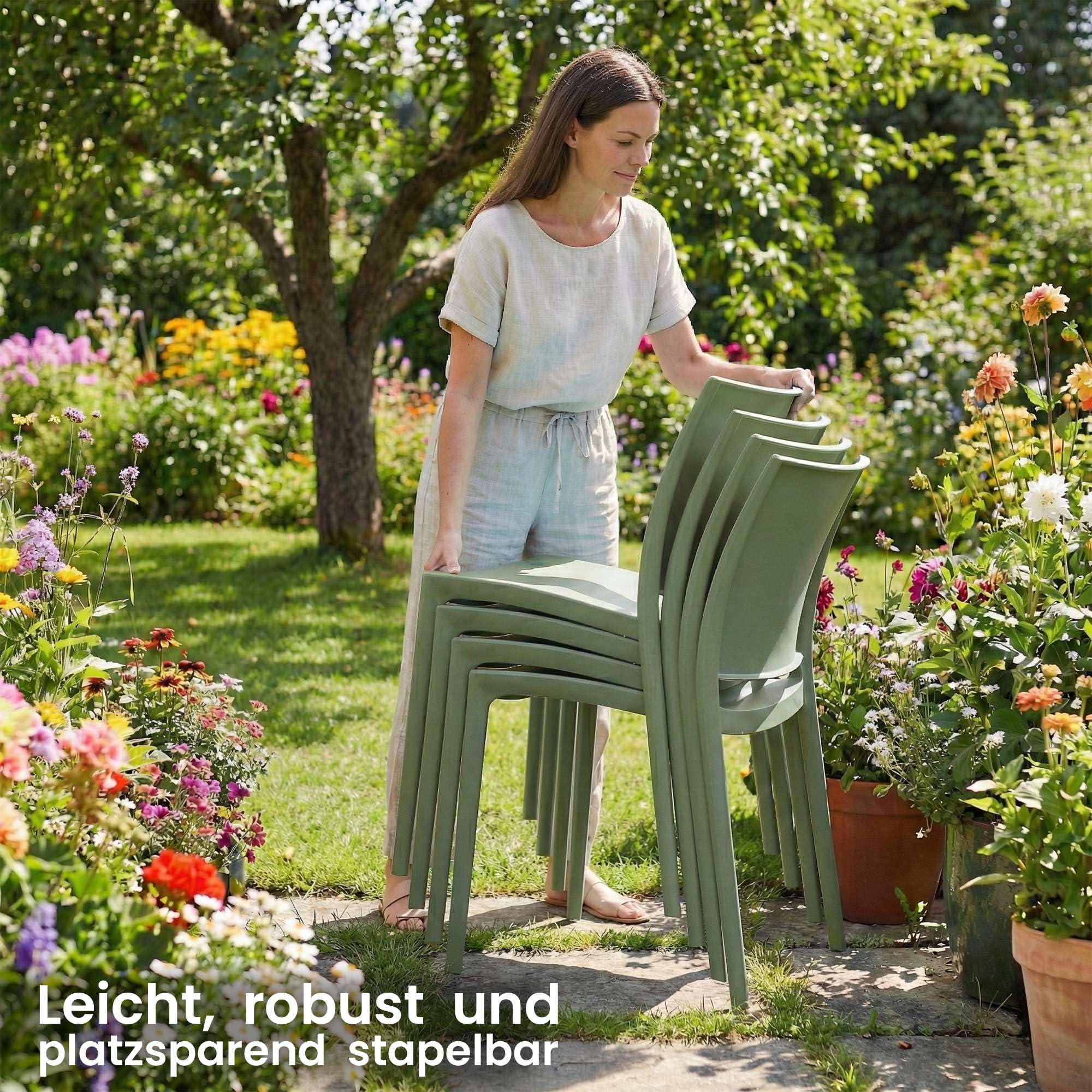 CLP Gartenstühle 2er Set stapelbar wetterfest Meton, Gartensessel mit Lehnen UV-beständig, Outdoorstühle aus Kunststoff bis 150 kg belastbar Farbe Oliv