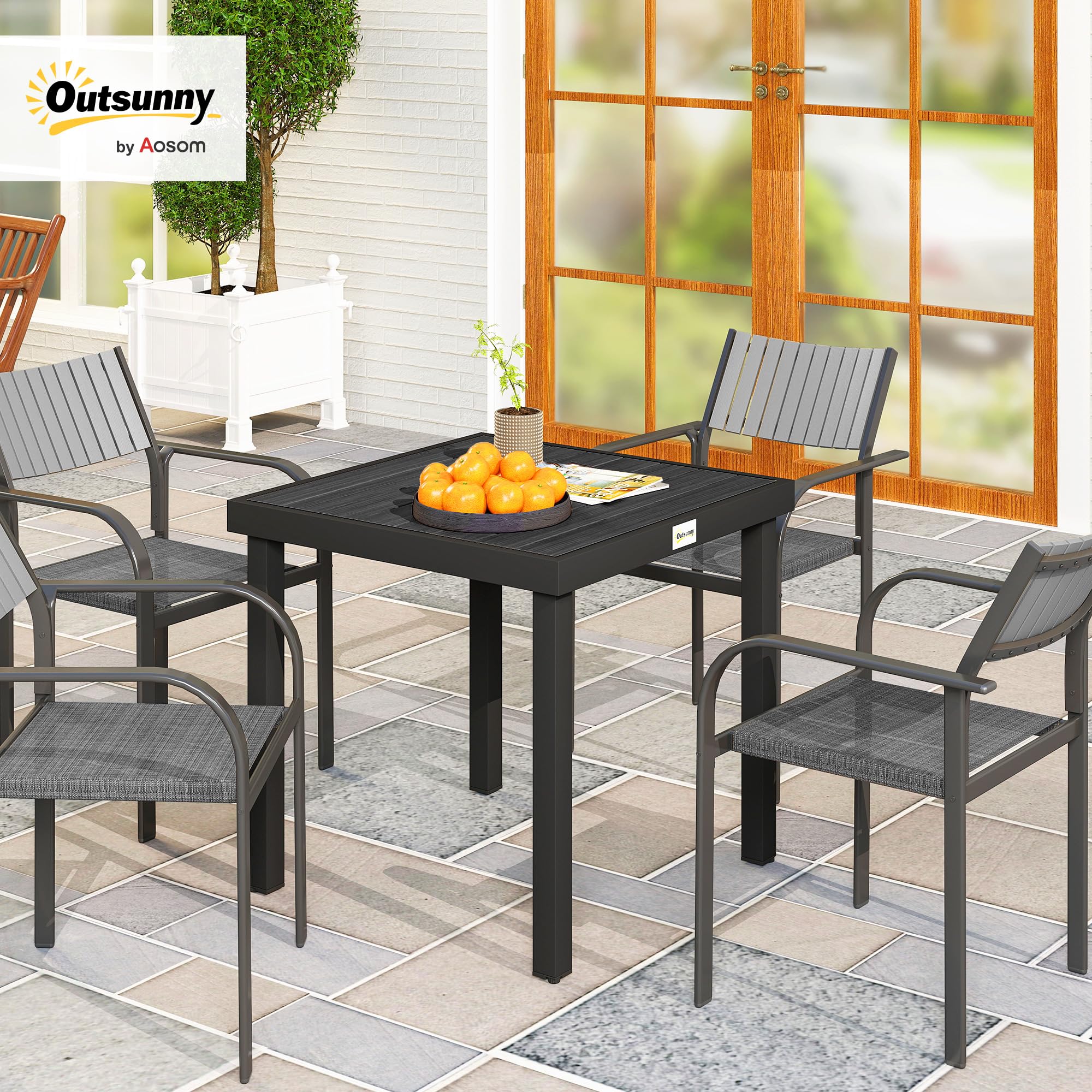 Outsunny Gartentisch für 6 Personen Esstisch Aluminiumtisch Gartenmöbel Loungemöbel pflegeleicht Kunststoff Natur+Schwarz 80 x 80 x 74 cm