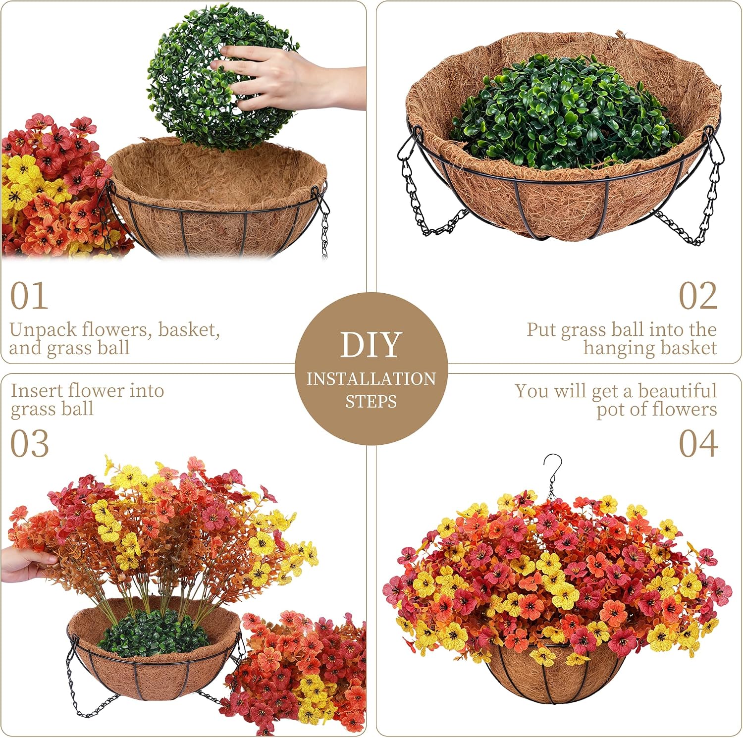 2 Set Artificial Fake Mums Flowers Plants with Hanging Basket for Outdoor,2 Hanging Planters with 24 Pcs Faux Plastic Mums Fall Flowers for Outside Autumn Porch Garden Patio Home Decor (3 Multicolor)