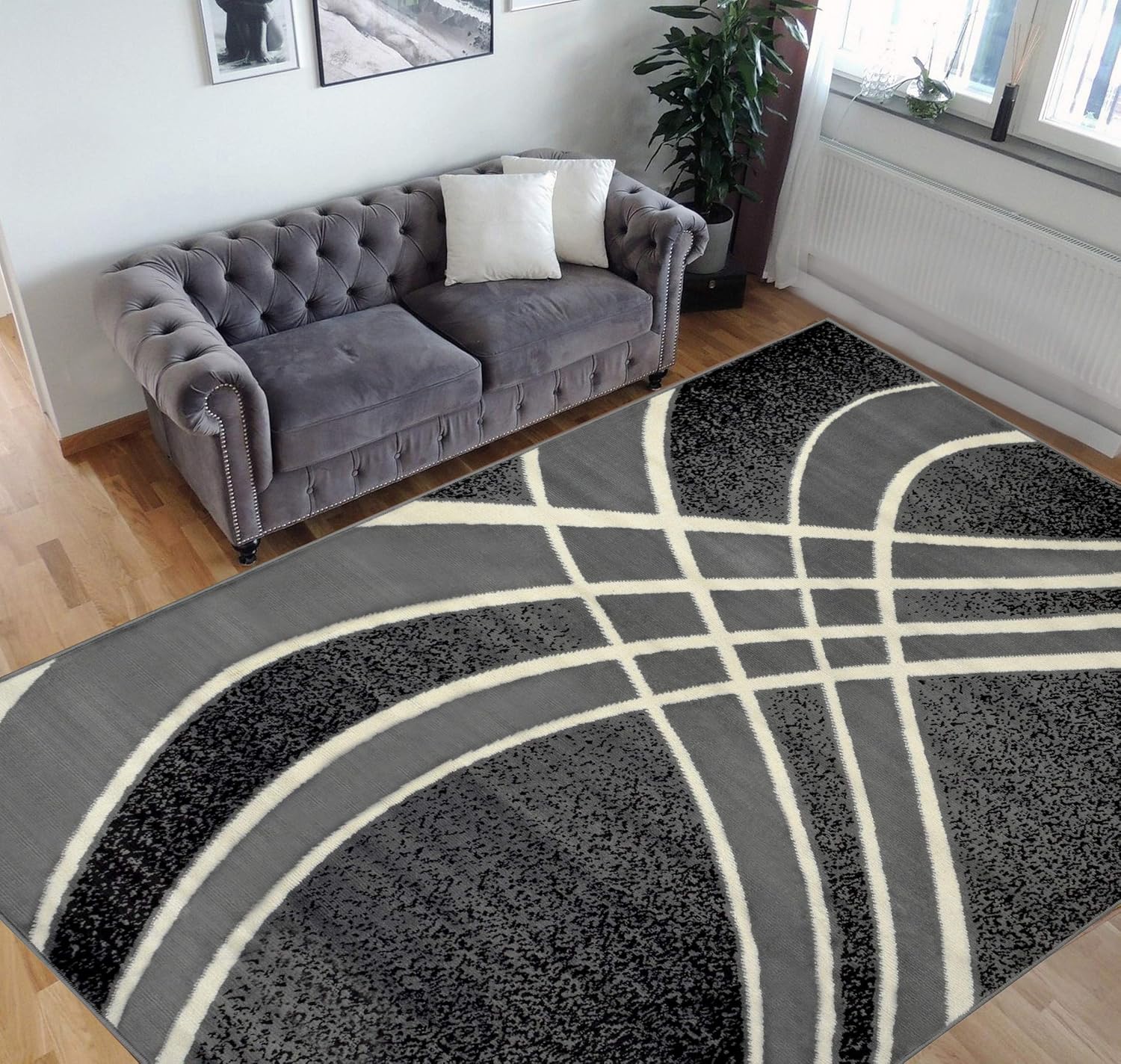 HR Swirls Pattern Area Rug 5x7 Geometric Contemporary Modern Black & Grey Carpet Comfy shed Free Stain Resistant