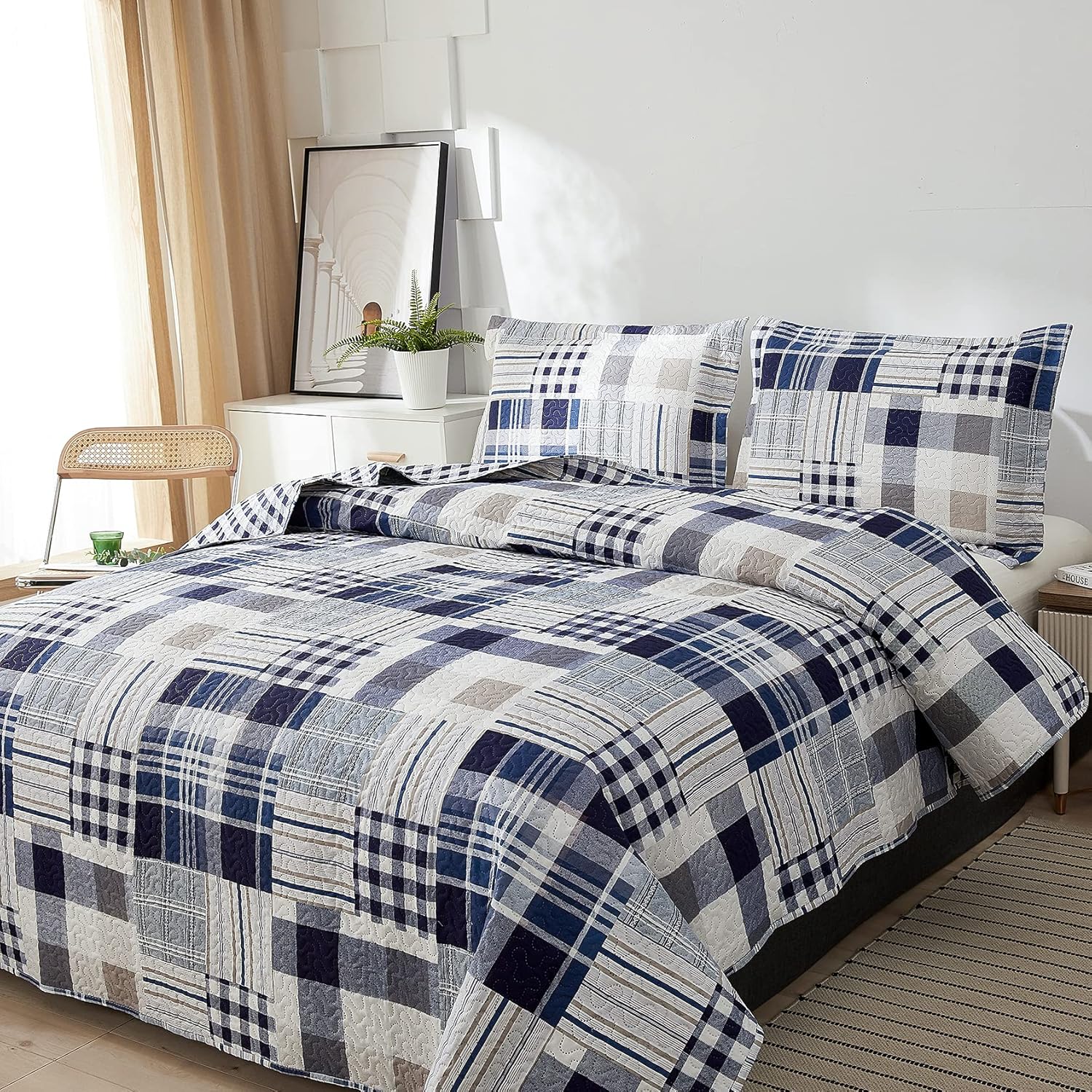 Blue White Brown Plaid Quilt Set Full/Queen Size Reversible Patchwork Bedspread Lightweight Blanket Soft Breathable Buffalo Check Bedding Gingham Coverlet Checker Bed Set Geometric Home Decor - Image 3