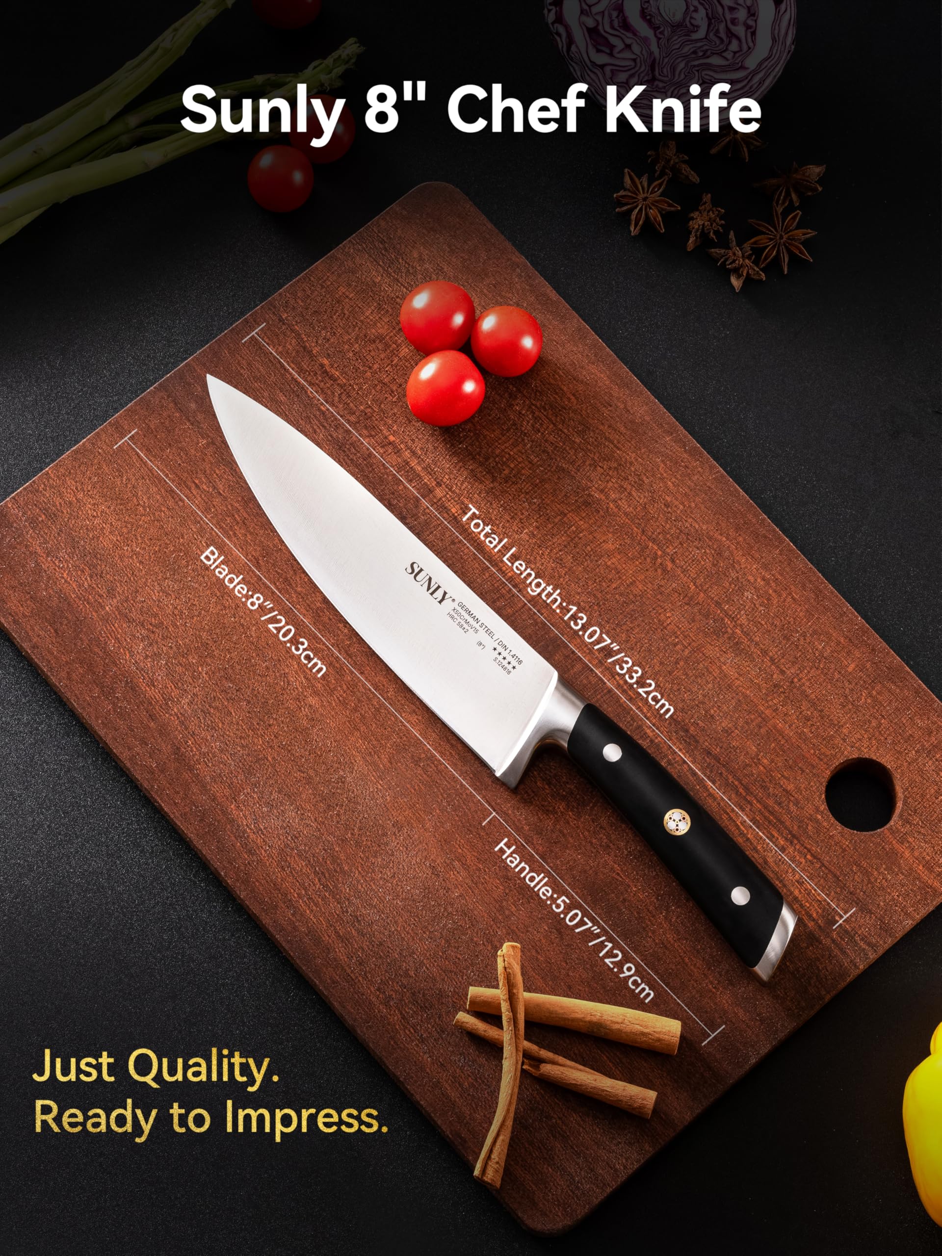 SUNLY Chef Knife, 8 Inch Professional Kitchen Knife with German 1.4116 Stainless Steel, 58±2 HRC Hardness, Full-Tang Design, Anti-Slip Handle for Meat, Fruits, Vegetables, Gift-Ready Magnetic Box — Amazon image 8