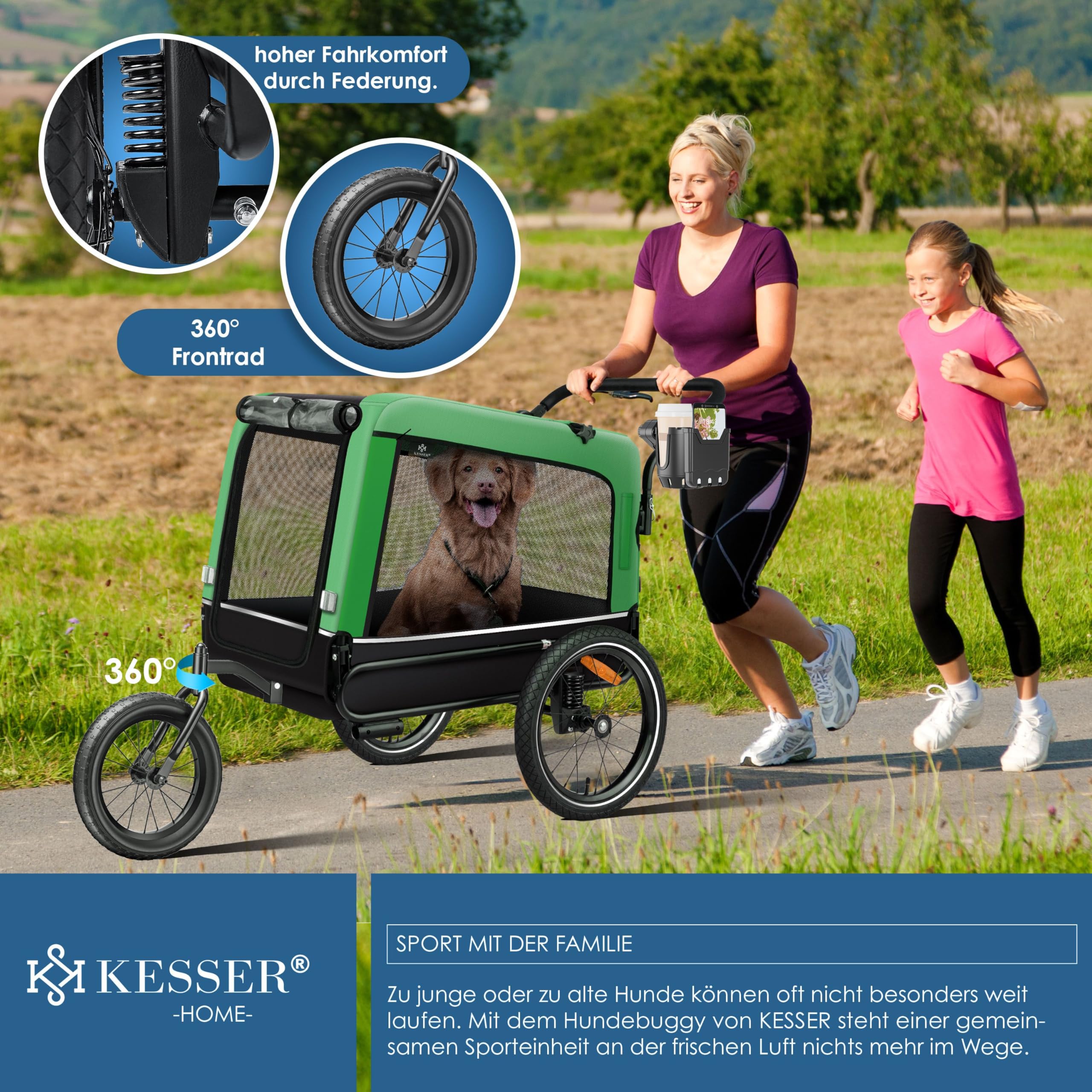 KESSER® Boxer 3-in-1 Rimorchio per Cani, circa 240 Litri di Volume, Tela Oxford 600D, SmartSpace Concept, max. 40 kg incluso Supporto per Bevande e Smartphone, molleggiato