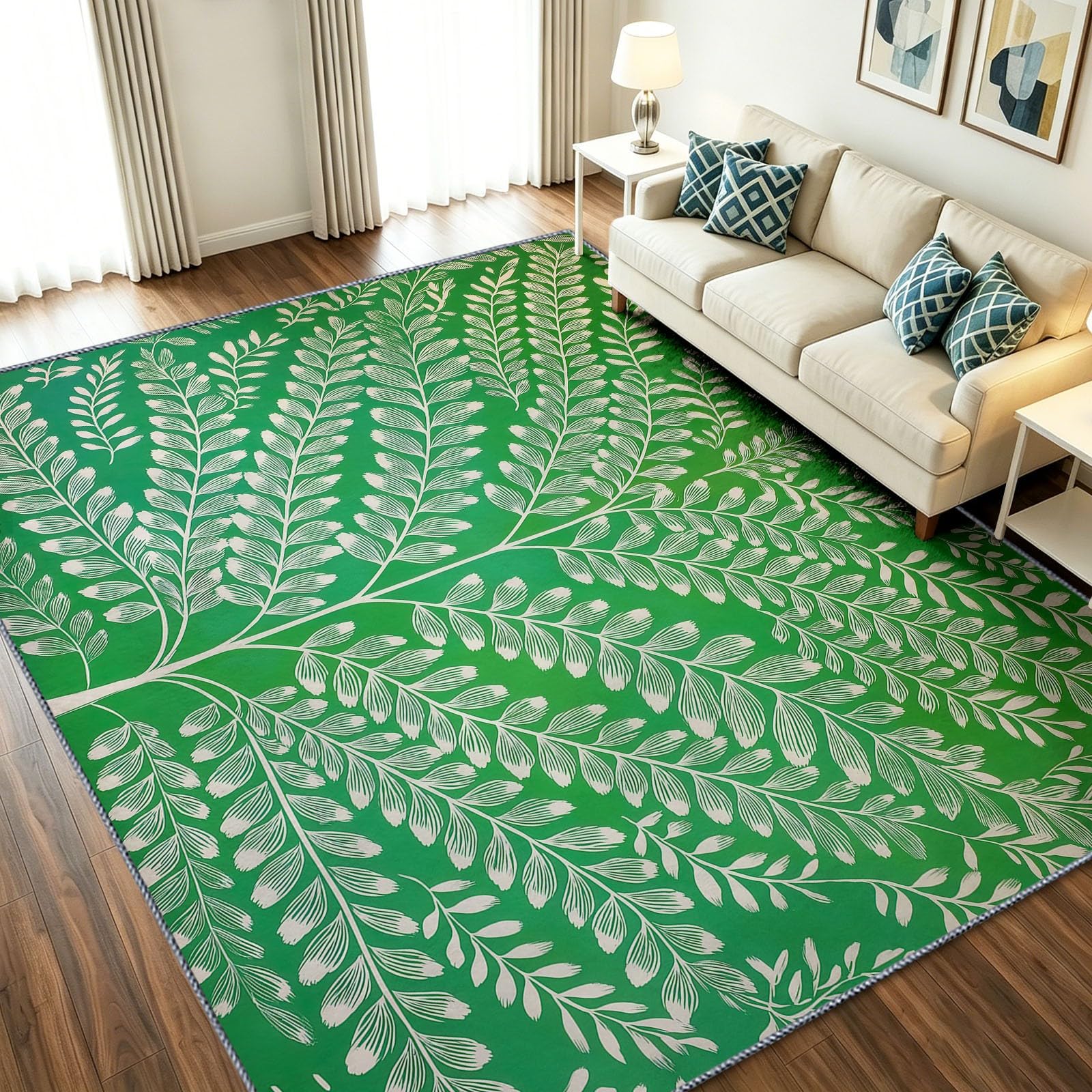 Tapis de salon botanique peinture fougère grand format