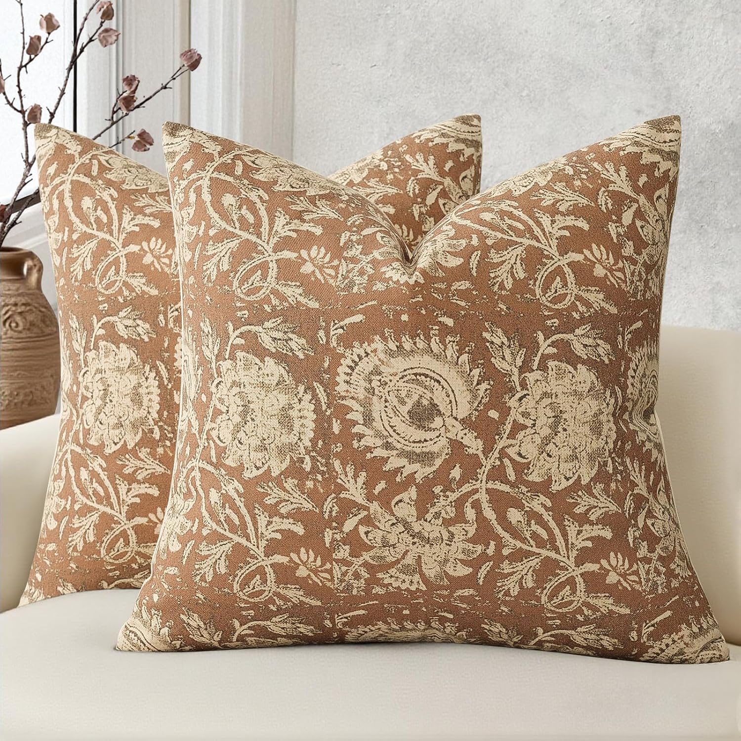 Vintage Floral Print Throw Pillow Covers 18x18 Set of 2 Neutral Modern Farmhouse Pillowcases Accent Decorative Cushion Covers Boho Home Decor for Couch Sofa Chair Bed Living Room, Cognac
