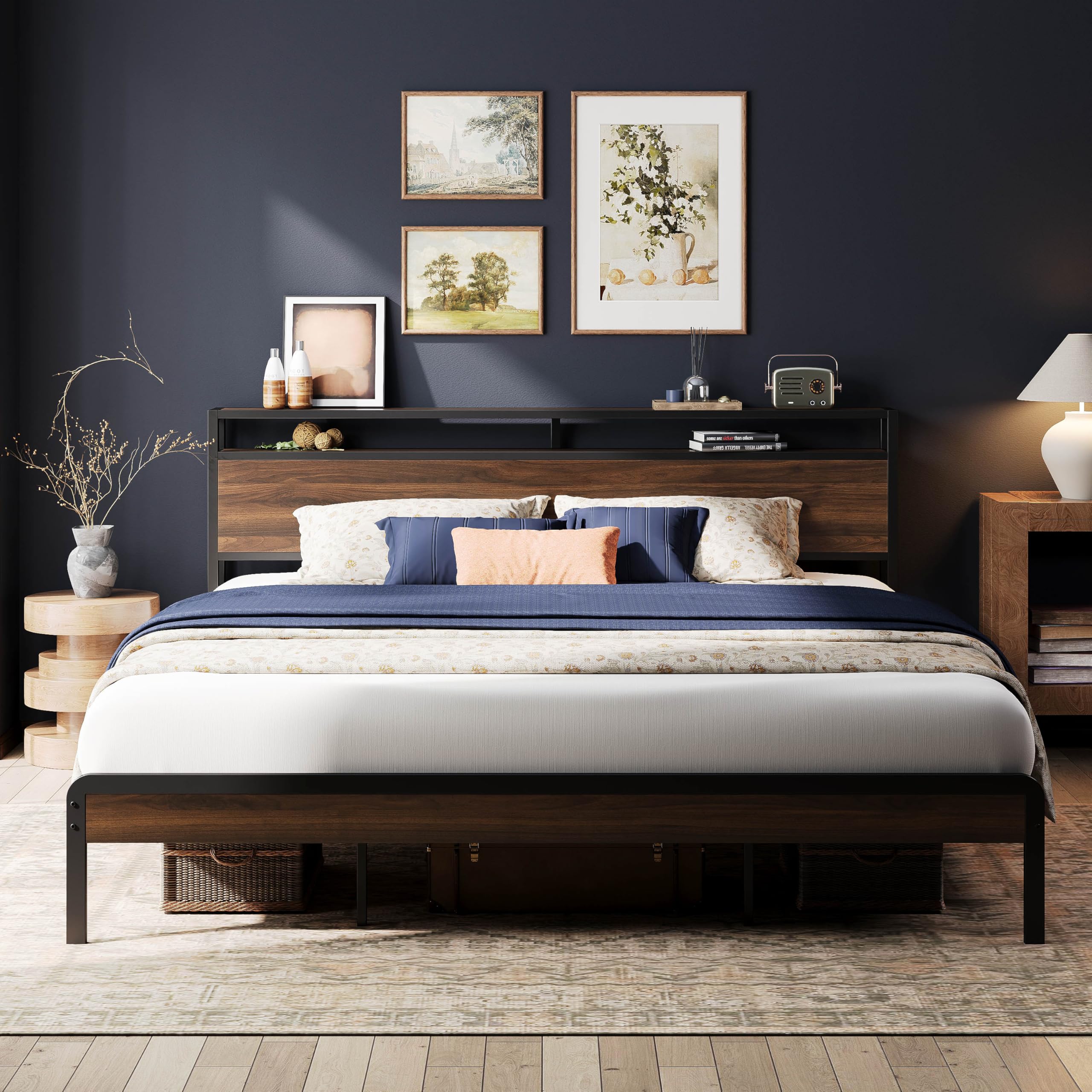LIKIMIO California King Bed Frames with 2-Tier Storage Shelf Headboard