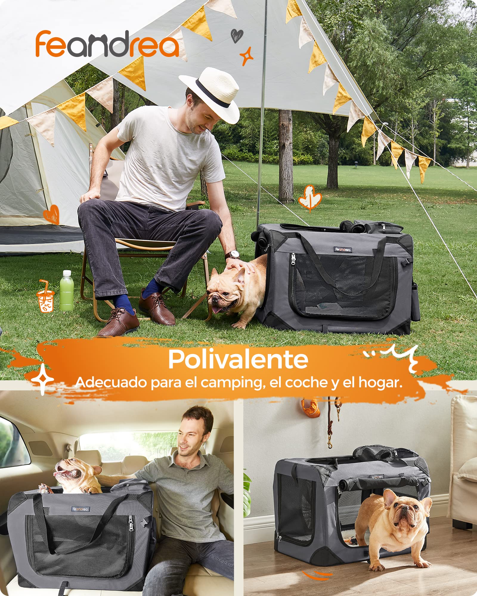 FEANDREA Transportín para Gatos y Perros, Plegable, Tamaño M, Tela Oxford, Malla Transpirable, Portátil, Marco Metálico, con Asas y Bolsillos, 60 x 42 x 42 cm, Gris PDC60GY