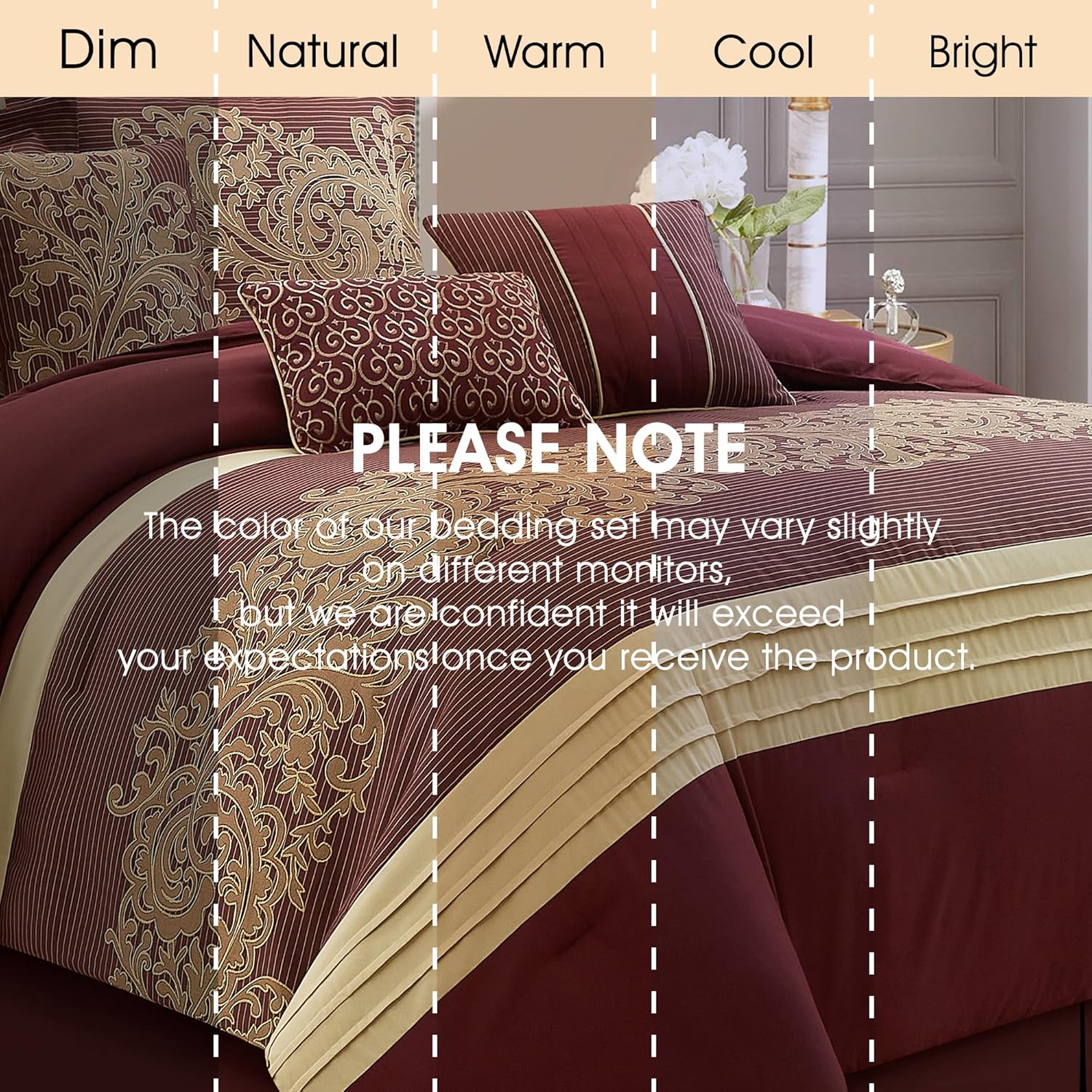 Red Gold Comforter Set, Queen, Damask Jacquard with Matching Solid Piece Work, 7 Piece Soft Bedding Set for All Season, Bed Skirt, Pillow Shams and Decorative Pillows - Image 3