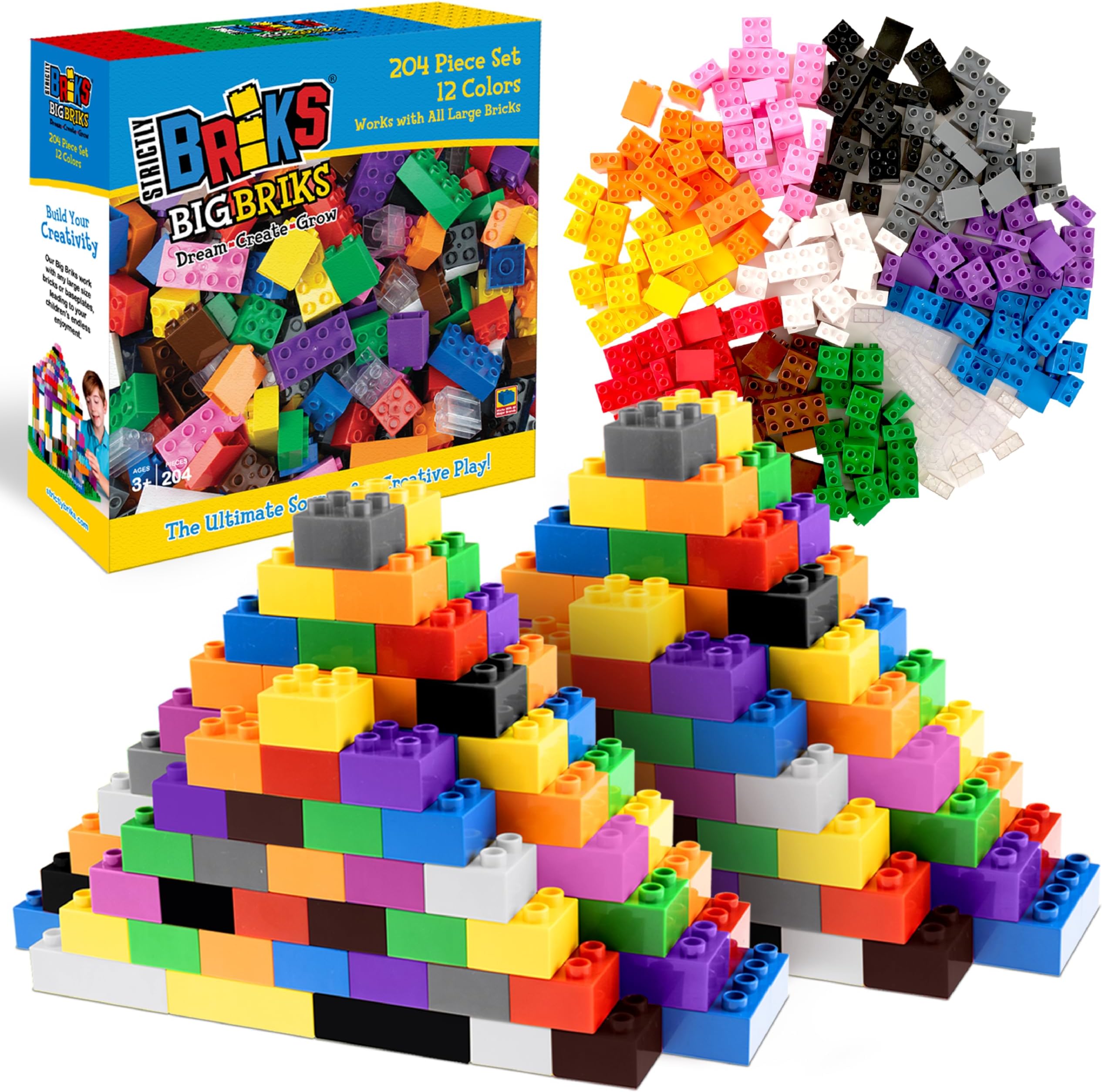 Building Blocks Set - Educational Classic Kids Toys - Toddler Building Blocks for Ages 3-5 Compatible with Lego - Sturdy Brick Sets for Kids - 204 Pieces, 12 Colors