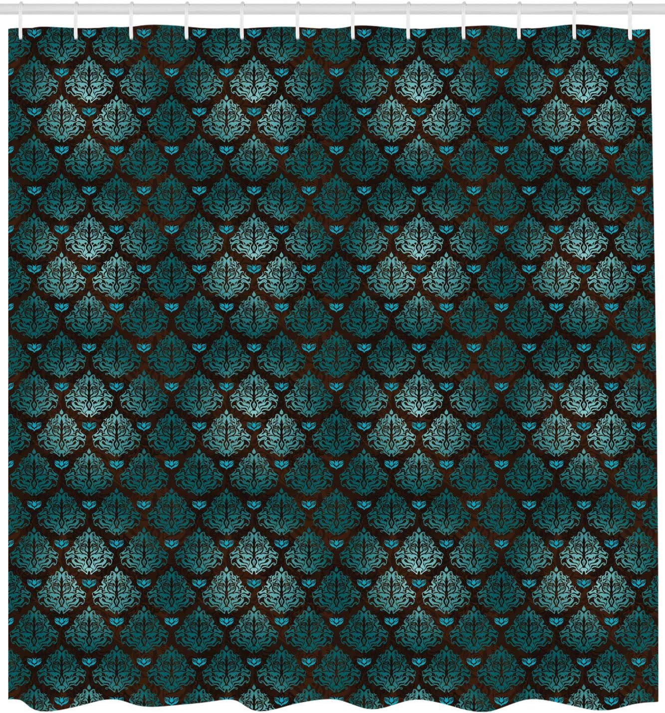 Ambesonne Brown and Blue Shower Curtain, Abstract Vintage Floral Design Damask Pattern Ornate Grungy Swirls, Cloth Fabric Bathroom Decor Set with Hooks, 69" W x 84" L, Teal Brown Pale Blue