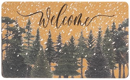Winter Chirstmas Welcome-Doormat Outdoor-Entrance Pine-Trees Front-Door-Mat, Faux-Coir Seasonal Entryway-Rug Non-Slip