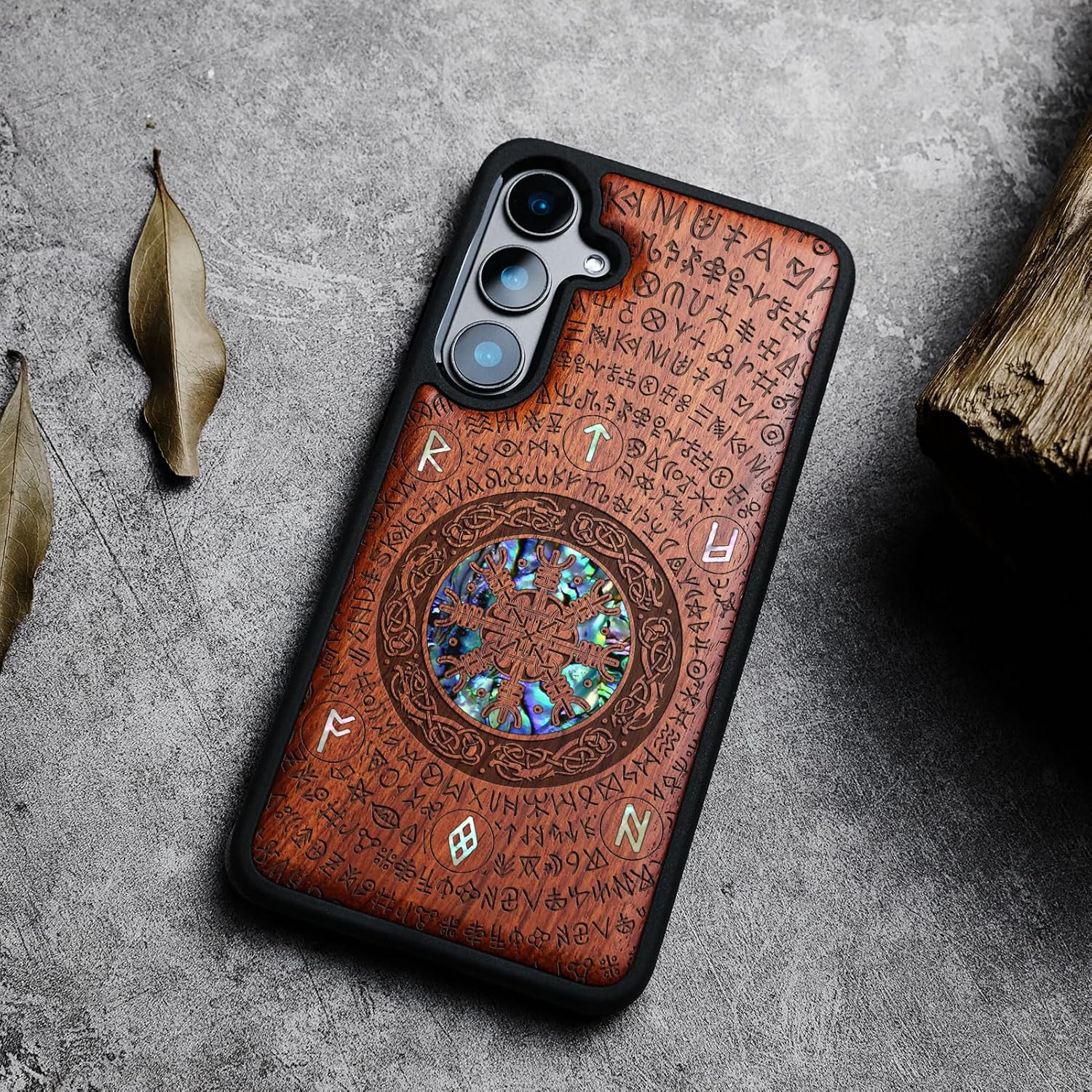 Carveit Designer Wooden Case for Samsung Galaxy S24 Plus Case [Wood Engraving & Shell Inlay] Compatible with Wireless Chargers S24 Plus Cover (Viking-Rosy)