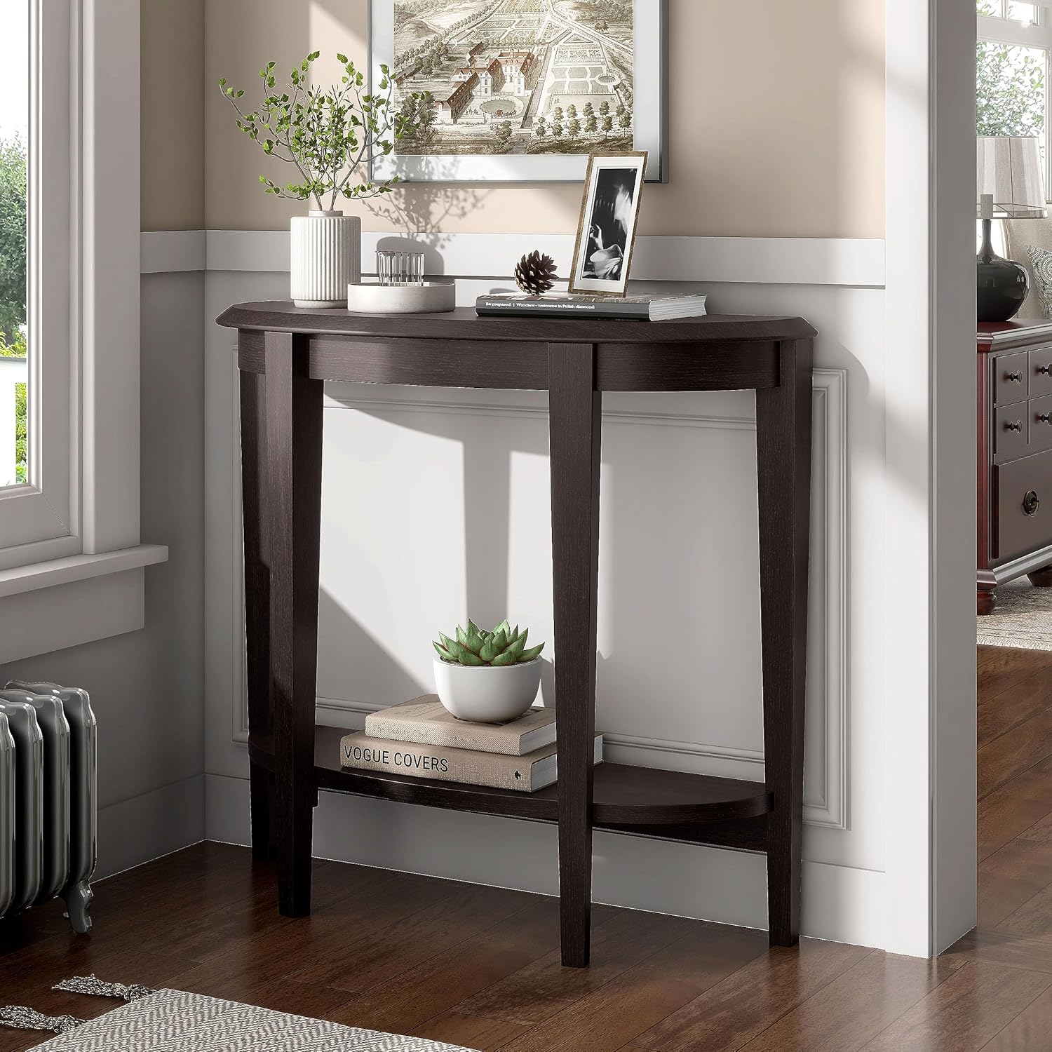 Homes: Inside + Out Payne Modern Half Moon Accent Console Table with Storage Shelf, Decorative Entryway Furniture for Living Room, Hallway, Entrance, Small Spaces, Cappuccino