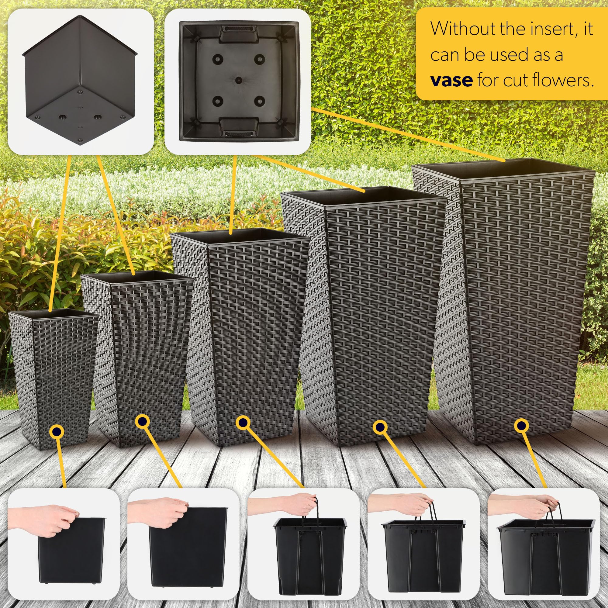 KADAX Lot de 3 Set de 3 Pots de Fleurs Hauts – H 57/68/75 cm – Rotin Graphite – intérieur/extérieur – pour Balcon, Jardin ou Salon