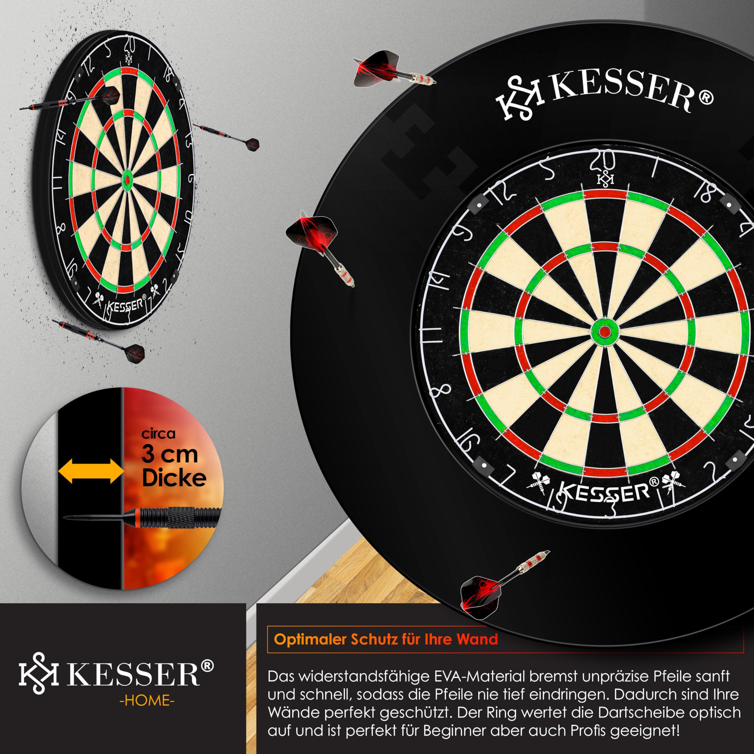 KESSER® Anello di protezione per freccette Ø 45 cm | anello di raccolta rotondo stabile protezione da parete | adatto per tutti i bersagli | Dartring stabile protezione da parete Backboard Surround
