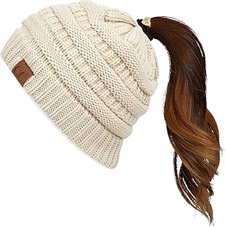 Exclusives Soft Stretch Cable Knit Messy Bun Ponytail Beanie Winter Hat for Women (MB-20A) - Buy now