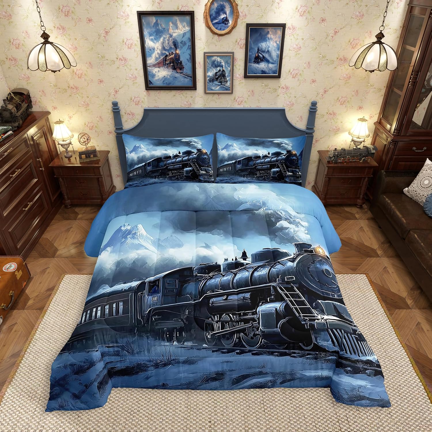 Erosebridal Kids Train Comforter Set Twin Size,Vintage Steam Train Bedding Set for Boys Men,Snow Mountain Scene Quilt Bed Set Transportation Vehicle Bedding Comforter Sets 2Pcs Bedroom Decor