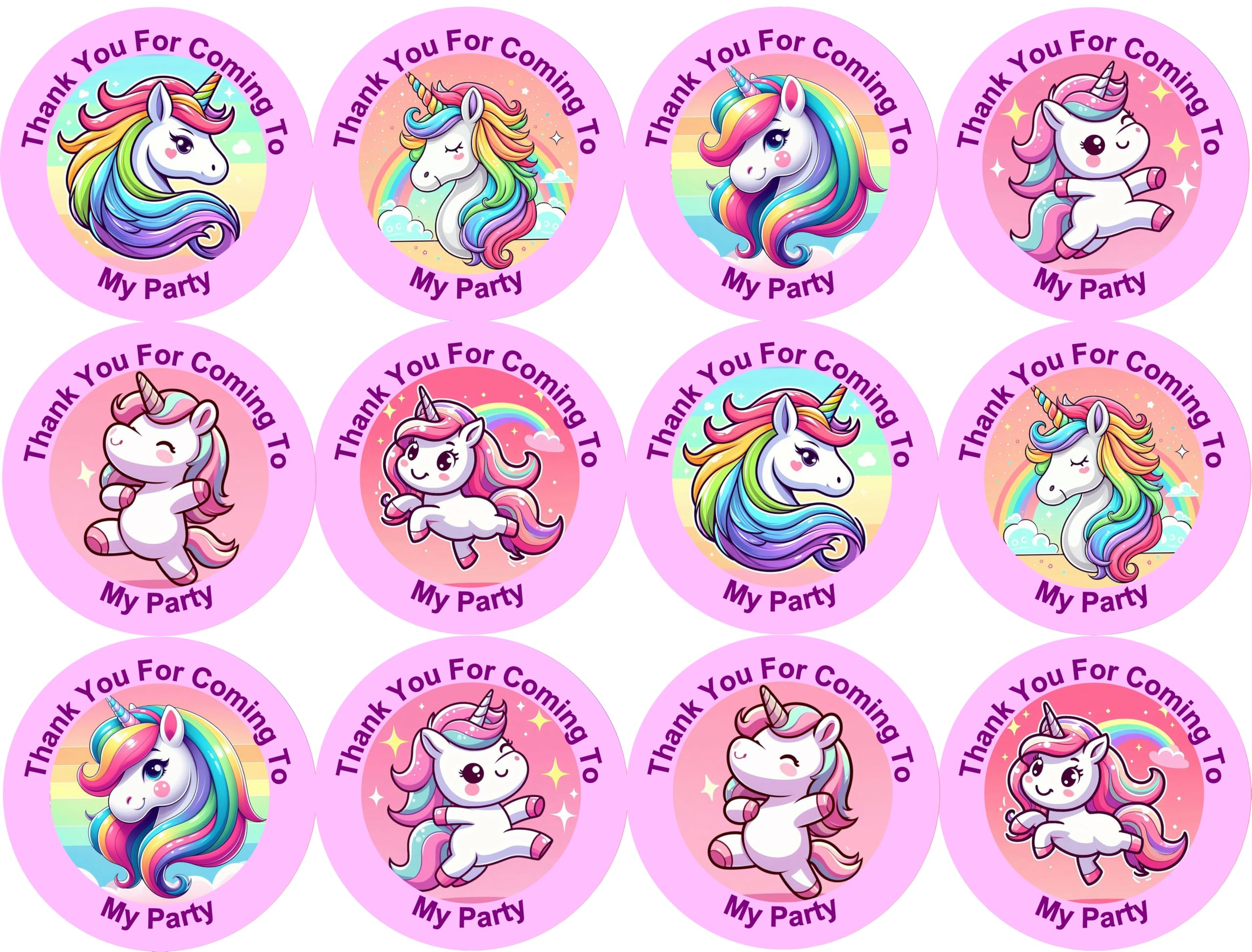 48 * Unicorn Birthday Party Stickers Thank You for Coming to My Party Unicorn Themed Birthday, Party Bags Fillers for Kids Friends Gift Present Sweet Cones Parties Sweet Bag Labels Sticker