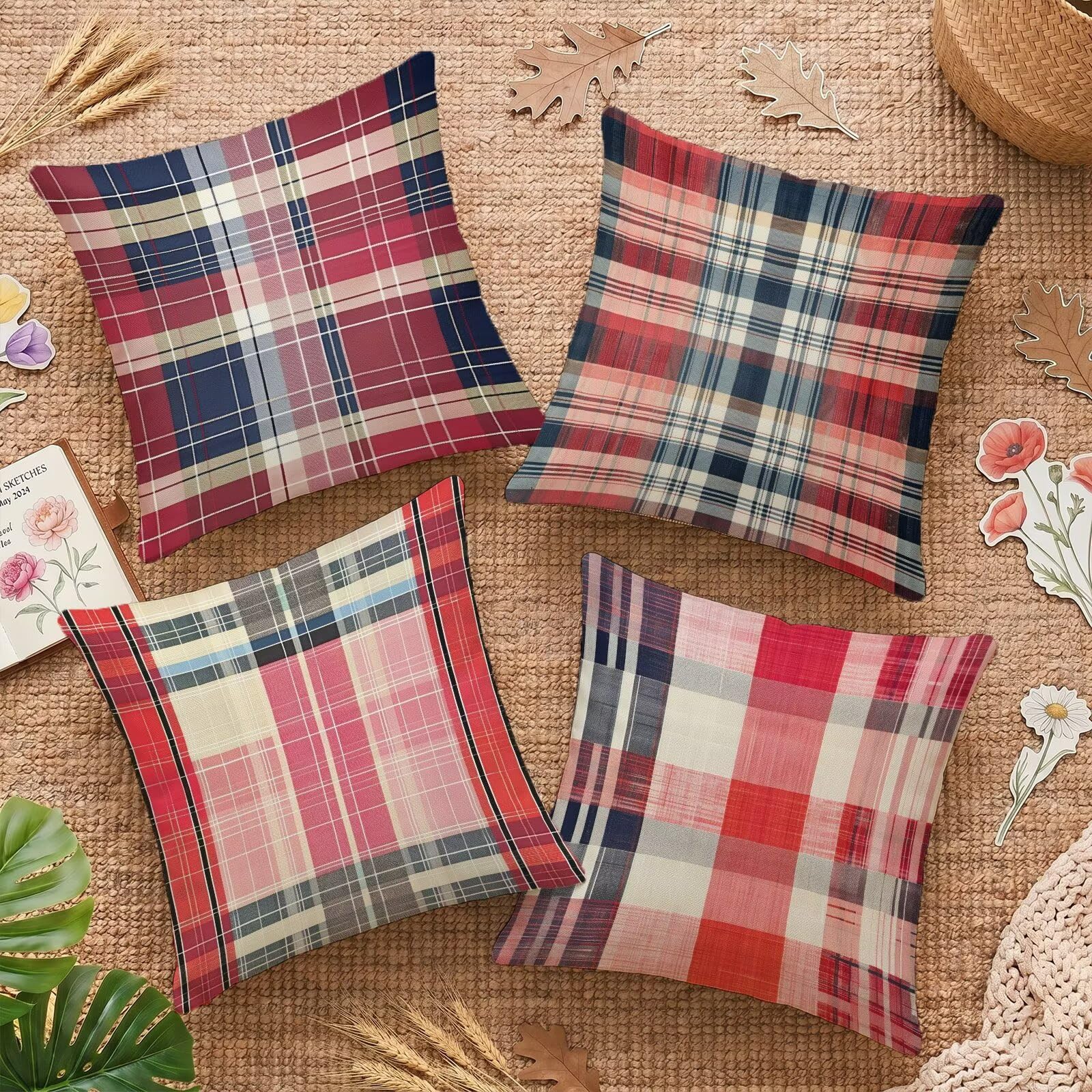 Coussin extérieur imperméable 50x50 rouge plaid pour une terrasse cosy