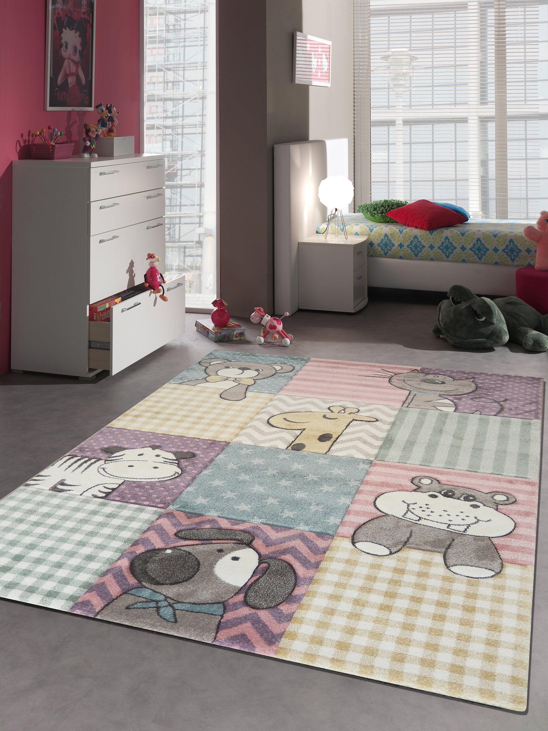 Children's Rug Funny Animals Play Mat – Non-Toxic Pastel Colour Green/Blue/Yellow/Purple, Polypropylene, Colourful, 120x170 cm