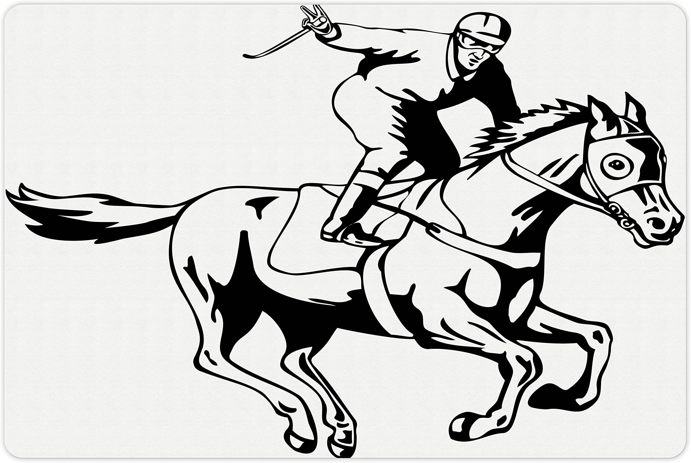 Lunarable Equestrian Pet Mat for Food and Water, Jockey Man Riding Horse and Raising Victory Salute Racing Winning Illustration, Rectangle Non-Slip Rubber Mat for Dogs and Cats, Black White