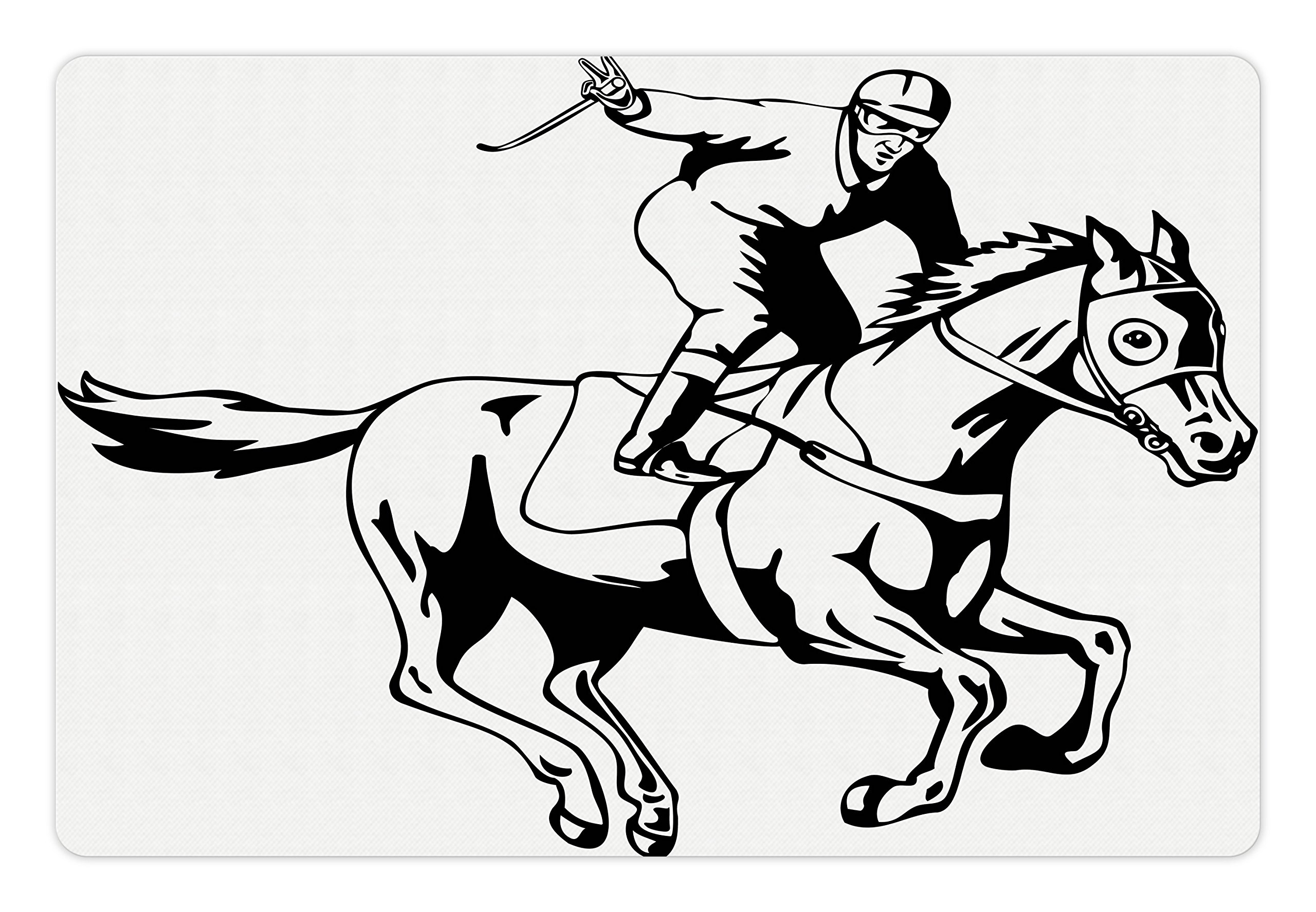 Lunarable Equestrian Pet Mat for Food and Water, Jockey Man Riding Horse and Raising Victory Salute Racing Winning Illustration, Rectangle Non-Slip Rubber Mat for Dogs and Cats, Black White