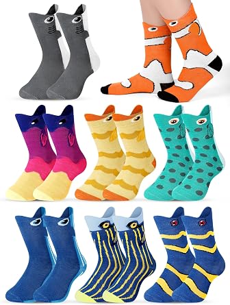 8 Pairs Funny Fish Socks for Kids Crazy Clownfish Silly Socks Day Wacky Cotton Crew Boys Girls Novelty Gift