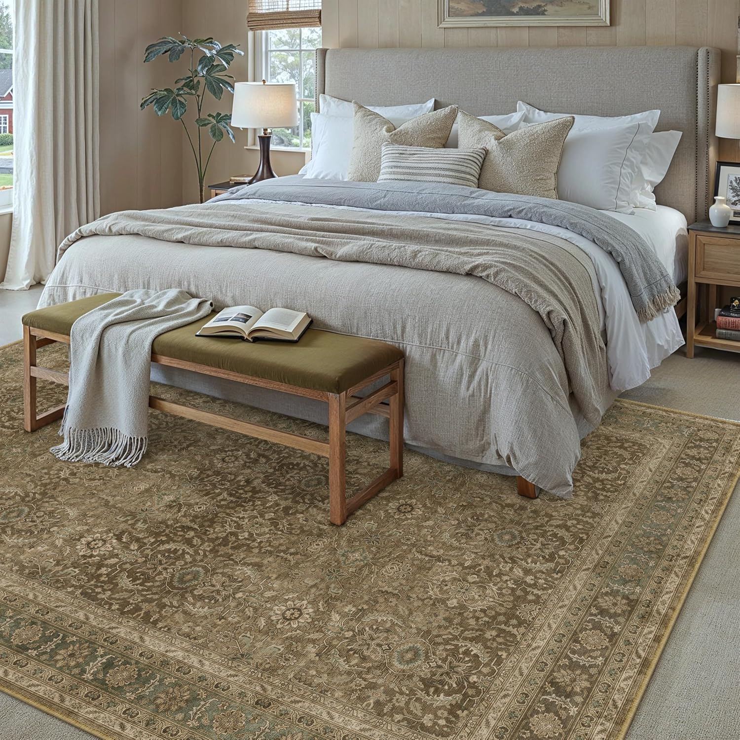 Brown 8x10 Area Rug Washable Vintage Carpet for Living Room Bedroom Large Soft Retro Floral Low Pile Thin Indoor Rug Non Slip Traditional Distressed Floor Cover for Dining Room Office