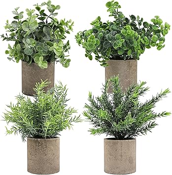 Amazon Ruisita 小型フェイク鉢植え ミニ人工植物 ユーカリ 緑 人工植物 屋内 屋外 自宅 庭 オフィス デスク装飾 4個パック 人工観葉植物 オンライン通販
