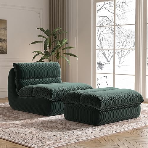 Miniatura 9 de Puf con otomana, acogedora y cómoda, de tela de pana ultra suave, silla de lectura con otomana para sala de estar, apartamento de dormitorio (beige)