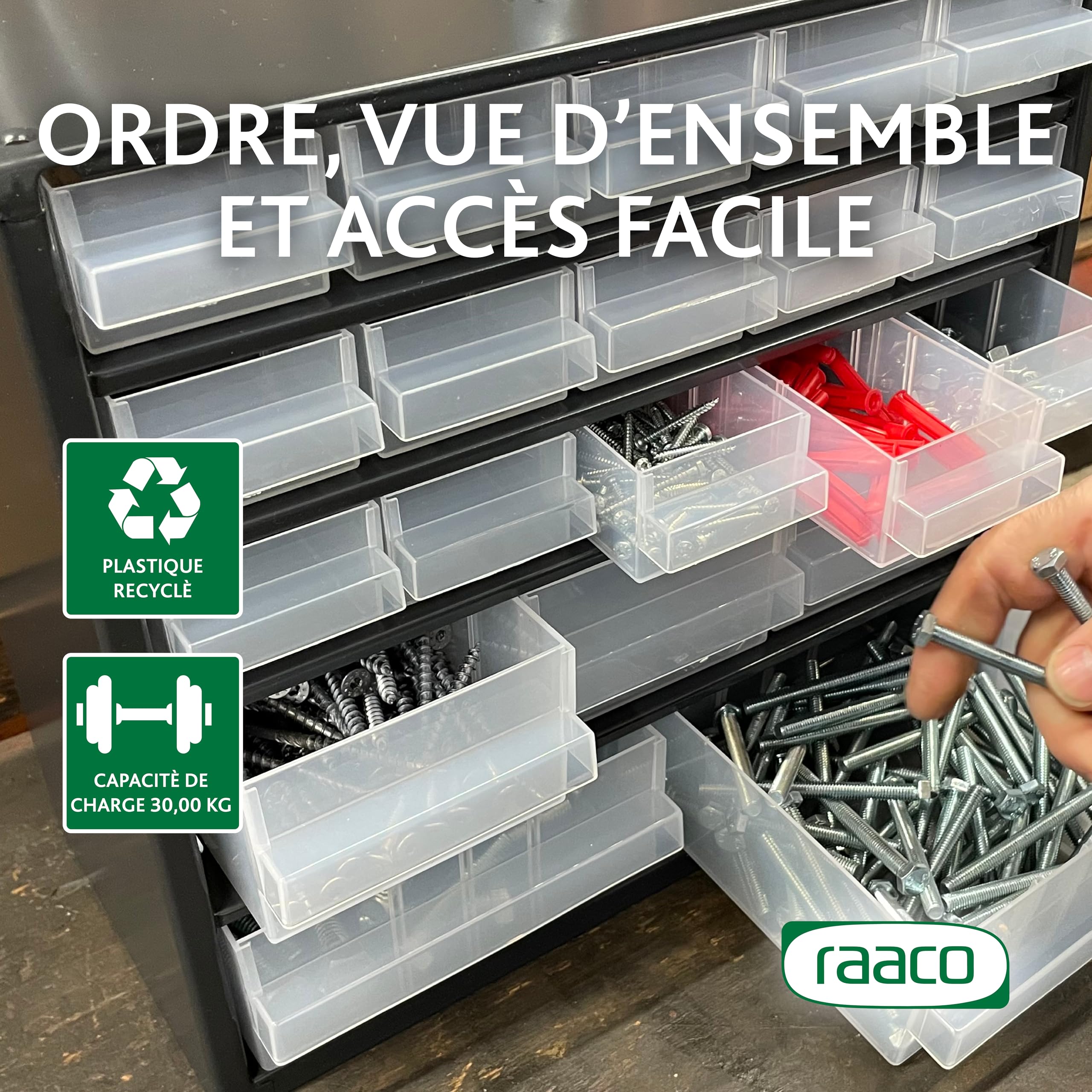 Raaco Casiers à Tiroirs C9-45, 45 tiroirs - Rangement Visserie Atelier | Cadre en Acier, 45 Tiroirs en Plastique, Charge 30 kg, 15 x 30,6 x 42 cm, Montable au Mur, pour Rangement Garage & Atelier