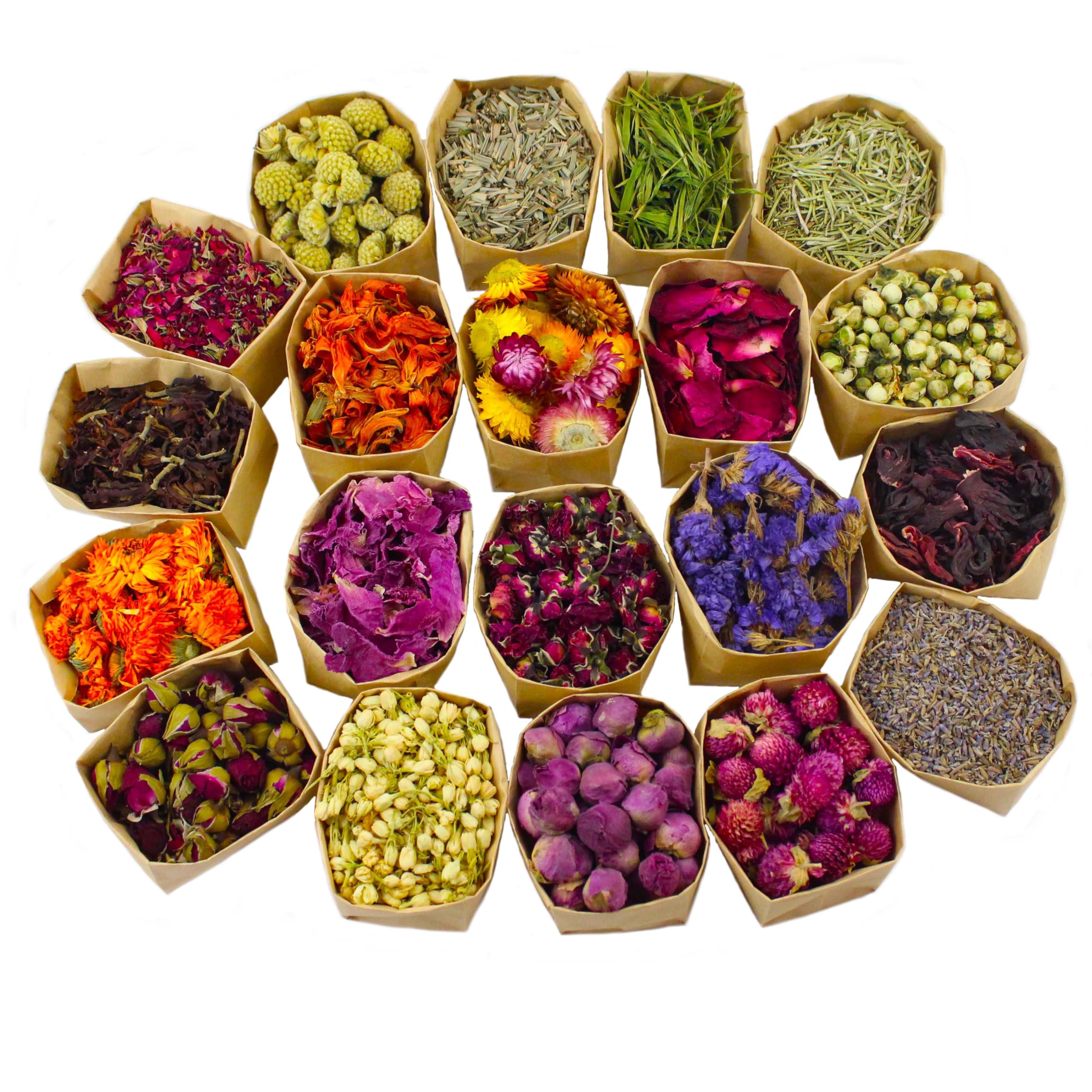 20 Pack*0.28oz Organic Dried Flowers|Linen Bag&Bamboo Clamp|Caffeine-Free Tea,Gluten-Free,Non-GMO|Candle Soap MakingLemon,Lavender,Pink Rose,Jasmine| and More
