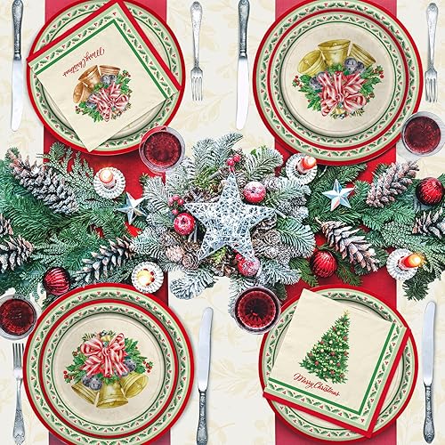 Miniatura 4 de Suministros para fiestas de Navidad sirven 25, árbol de Navidad, campana, vajilla desechable incluye platos llanos, platos de postre, servilletas,