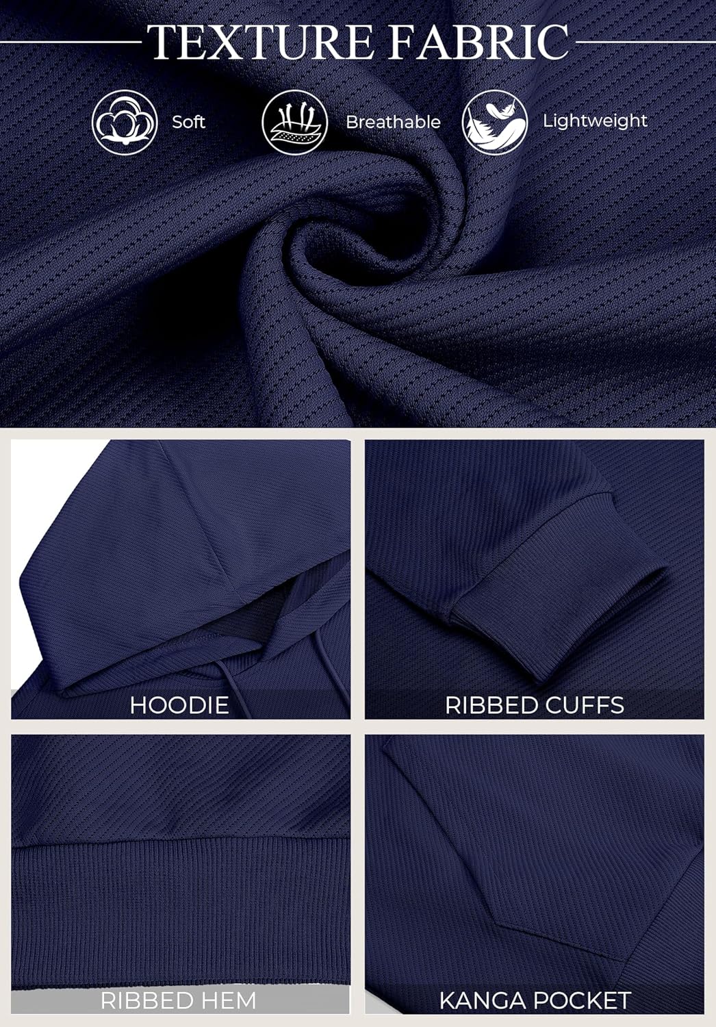 COOFANDY Men's Long Sleeve Hooded Sweatshirt Casual Lightweight Hoodies Pullover Textured Drawstring Hoodie with Kanga Pocket - Image 6