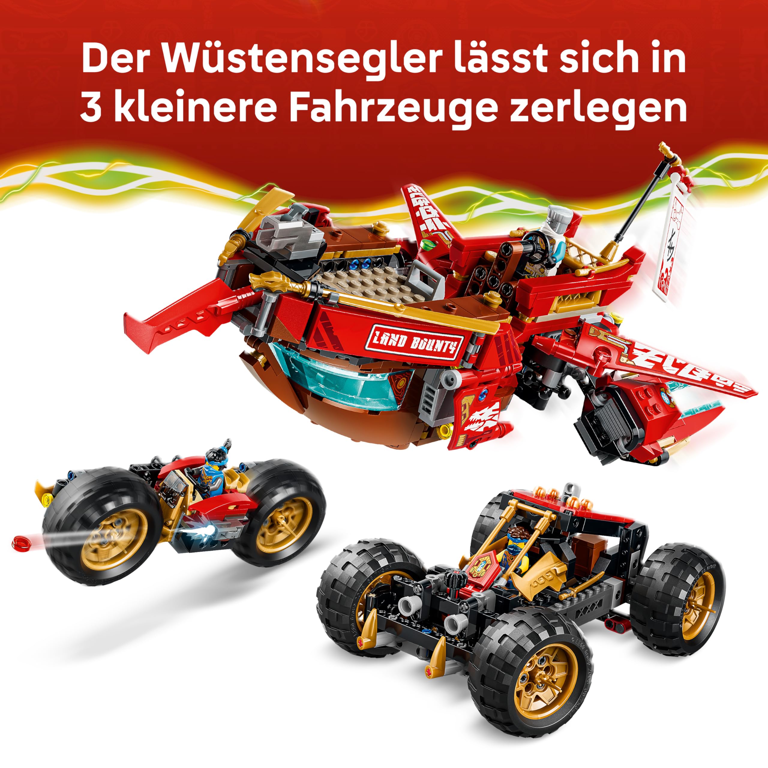 LEGO NINJAGO Wüstensegler - 3-in-1 Ninja-Spielset, umwandelbar in fliegendes Boot, Auto & Motorrad - inkl. 6 Minifiguren - Geschenkidee für Jungen ab 9 Jahren und Dragons Rising Fans - 71869