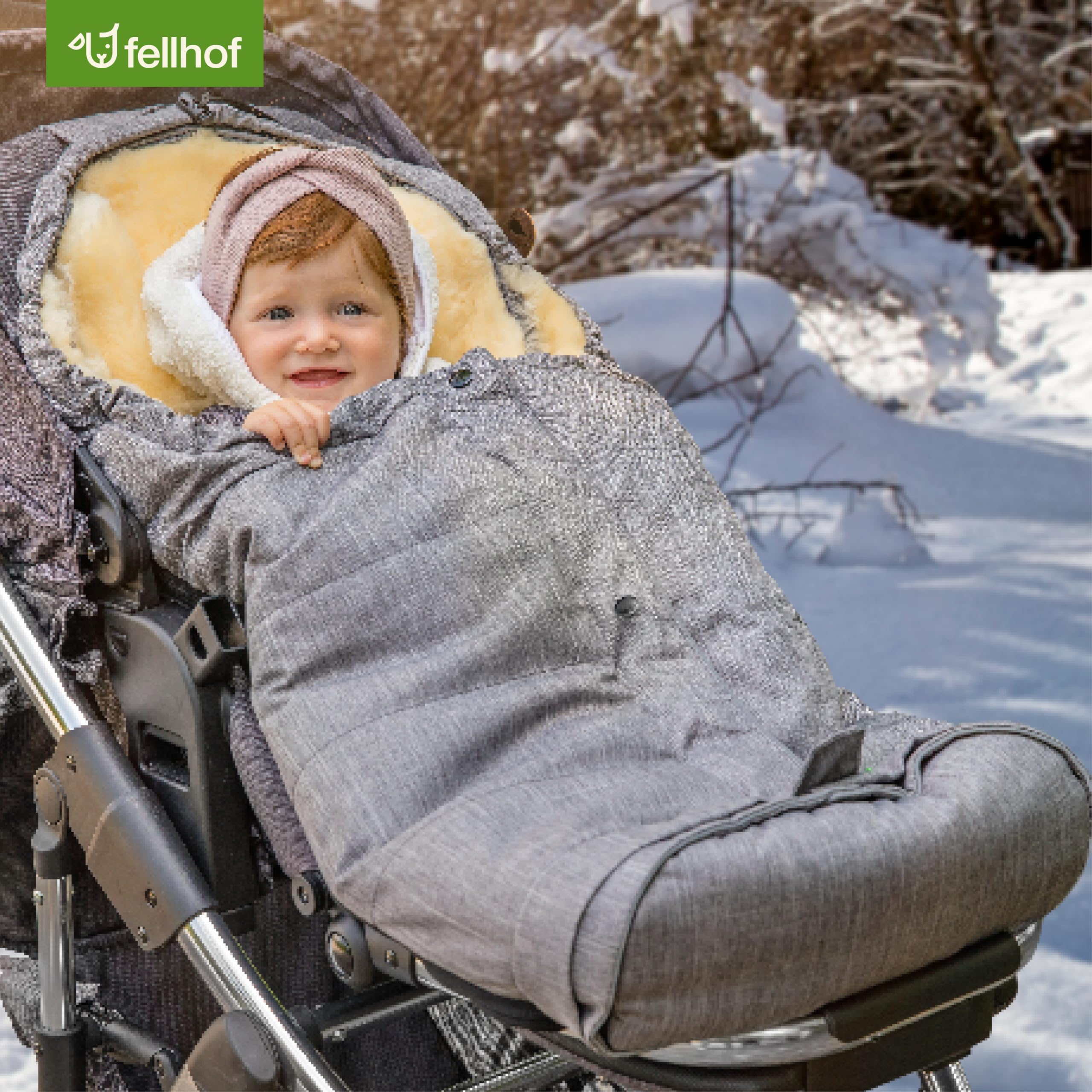 Fellhof HOCHSÖLDEN Kinderwagenfellsack graphit-melange | 40/45 x 86/106 cm | Merino Lammfell | größenverstellbar | wind- und wasserabweisend mit Magnetverschlus