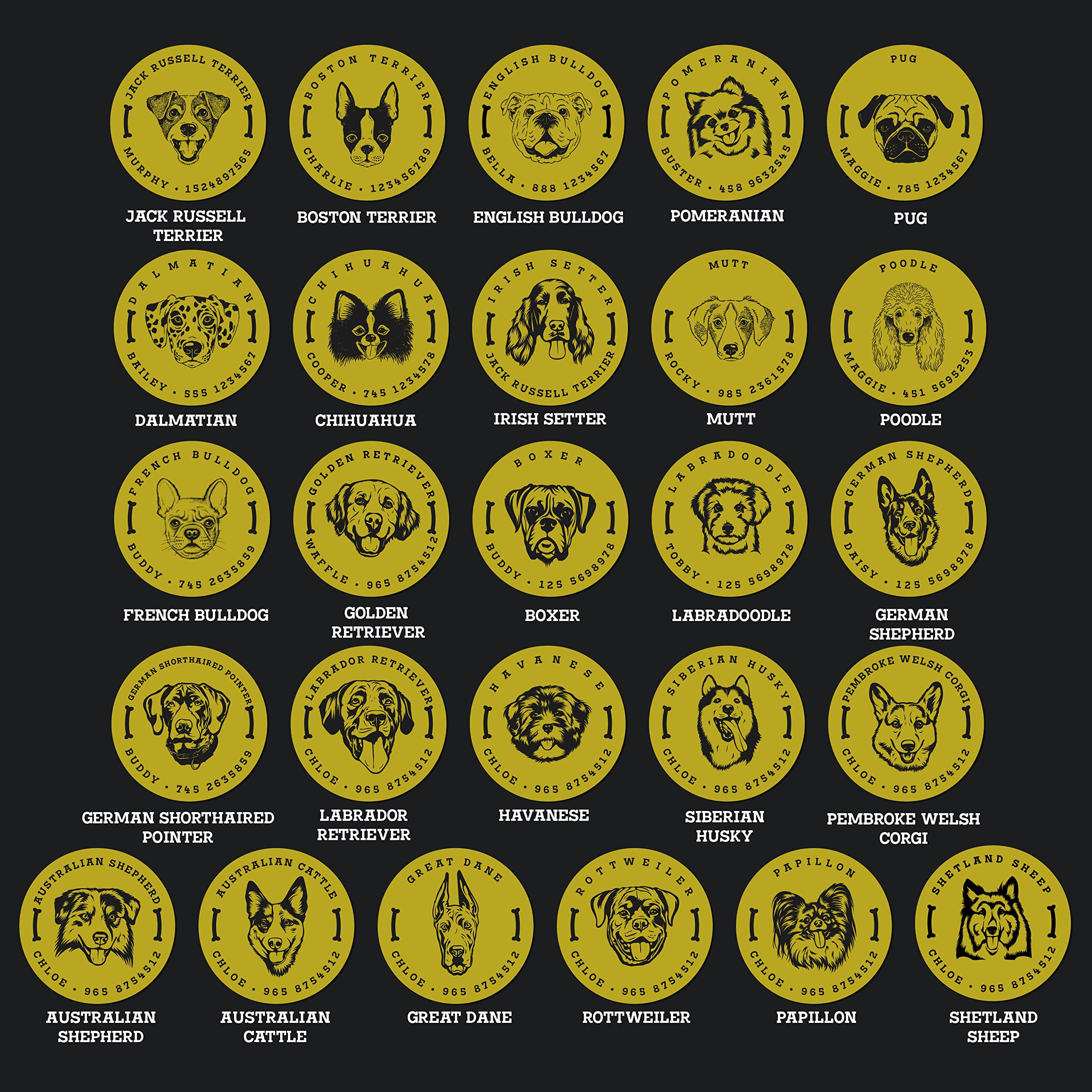 Dog Tags Engraved for Pets, Personalized with Dog Breed Photo, Stainless Steel - Double Sided, Up to 5 Lines of Text, 52 Dog Breeds, Durable & Lightweight Dog ID Tags, Silver