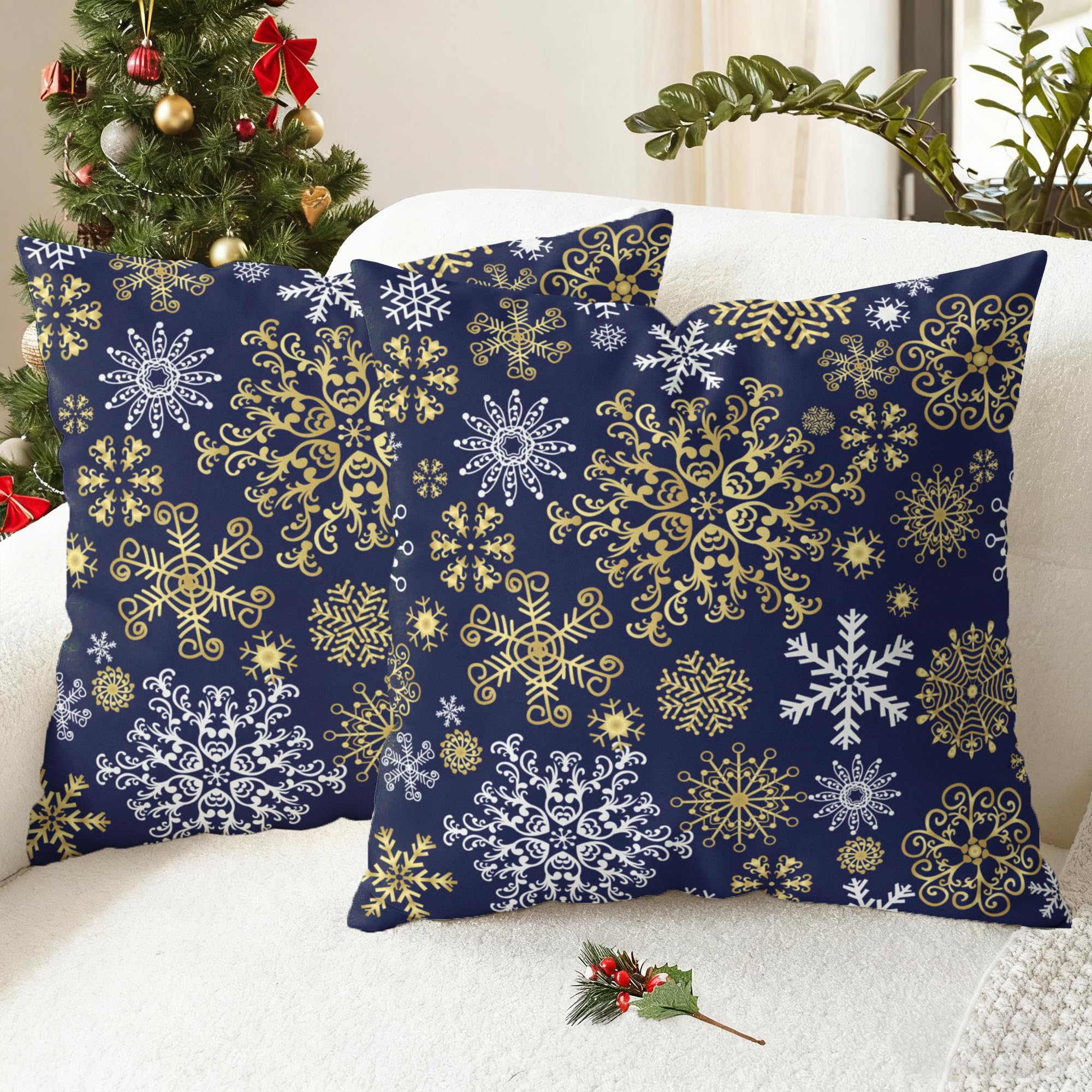CaliTime Cushion Covers Pack of 2 Cozy Fleece Throw Pillow Cases Covers for Couch Bed Sofa Christmas Snowflakes Both Sides 40cm x 40cm Navy Blue โ image 1