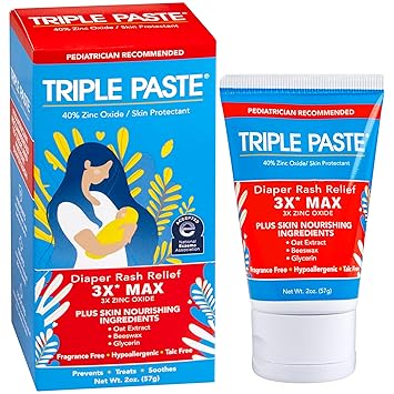 Triple Paste 3X Max Diaper Rash Ointment, Maximum Strength with 40% Zinc Oxide Ointment for Severe Diaper Rash, 2 oz Tube