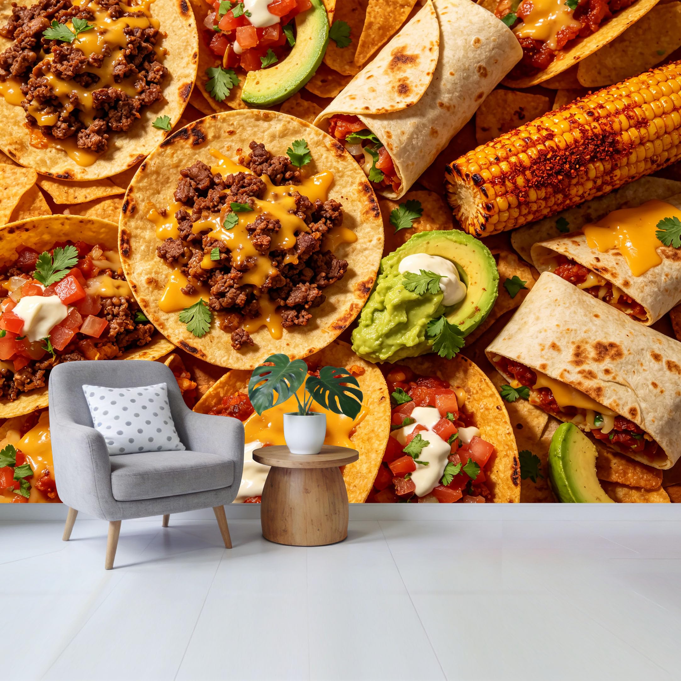 Custom Size Wall Mural Mexican Cuisine Tacos Burritos Corn Avocado Food Art Removable Self Adhesive Fabric Home Wall Decor for Living Room Bedroom Bathroom