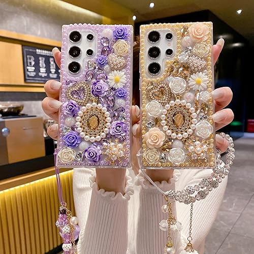 Miniatura 3 de iFiLOVE Funda para Samsung Galaxy S20 Plus Bling Diamond Case con correa de flores, 3D de lujo con purpurina de cristal con diamantes de imitación