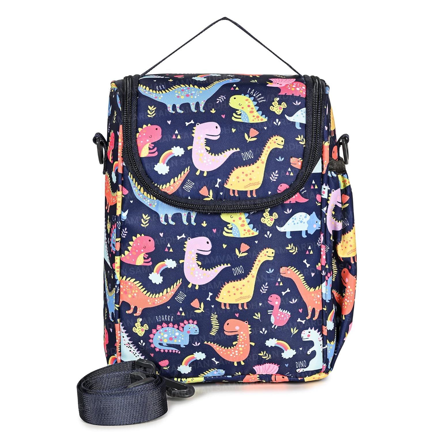 SAMVARDHAN Lunch Bags for Office Women & Lunch Bag for Men, Insulated Lunch Bag for Kids, Office Lunch Bag with Bottle Holder, Tiffin Bag Carry Handle (Blue Dinosaur)