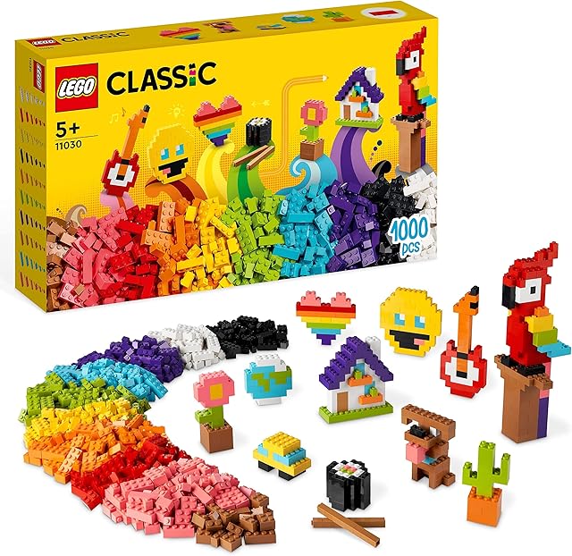 LEGO 11030 Classic Sterta klocków, Zabawki do Zbudowania, Buźka Emoji, Papuga, Kwiaty i nie tylko, Kreatywny Prezent dla Dzieci, Chłopców i Dziewczynek w wieku od 5 lat