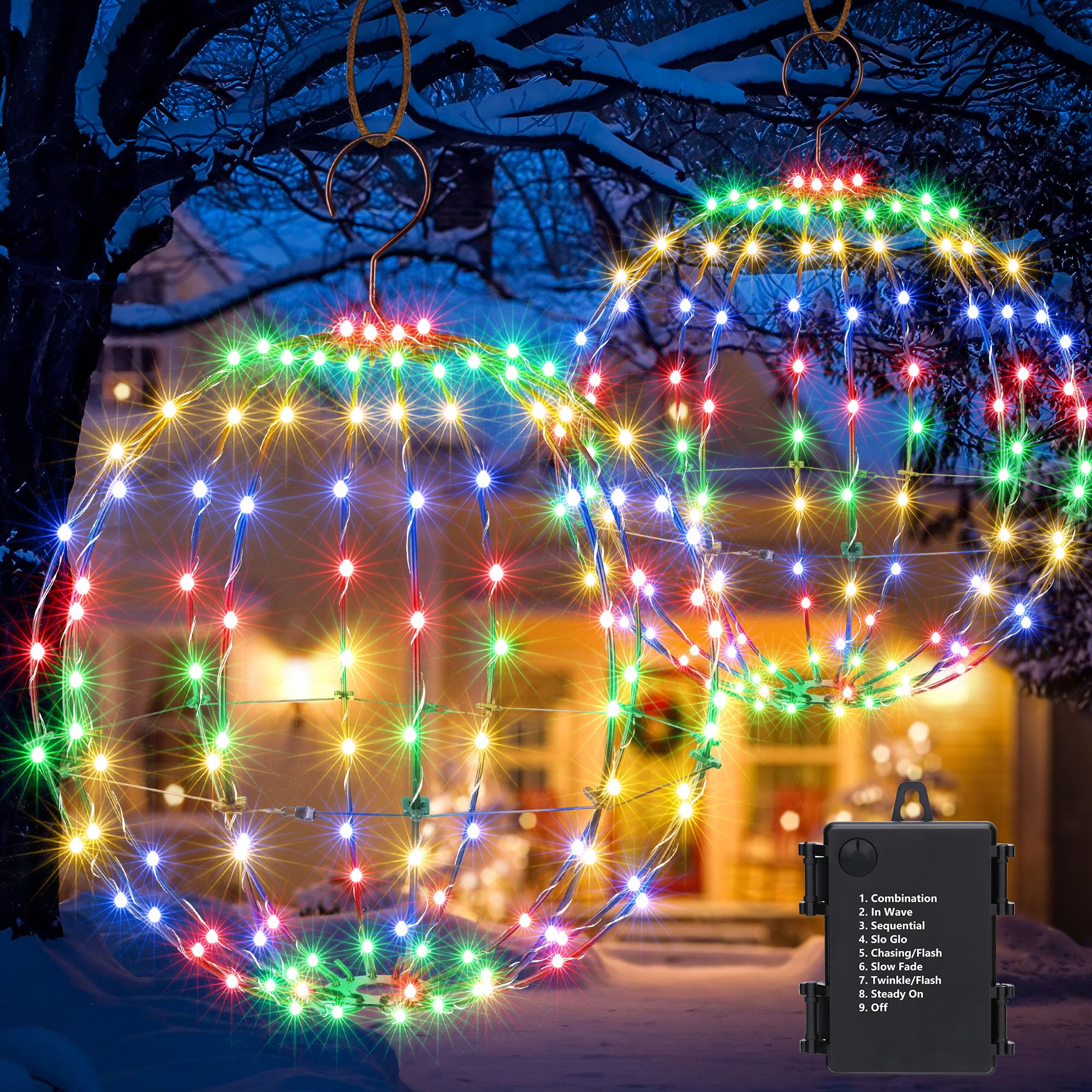 Juego de 2 luces colgantes para exteriores, 2 tamaños de faroles de jardín de Navidad, funcionan con pilas, impermeables, con 8 modos de iluminación, temporizador, función de memoria (multicolor)