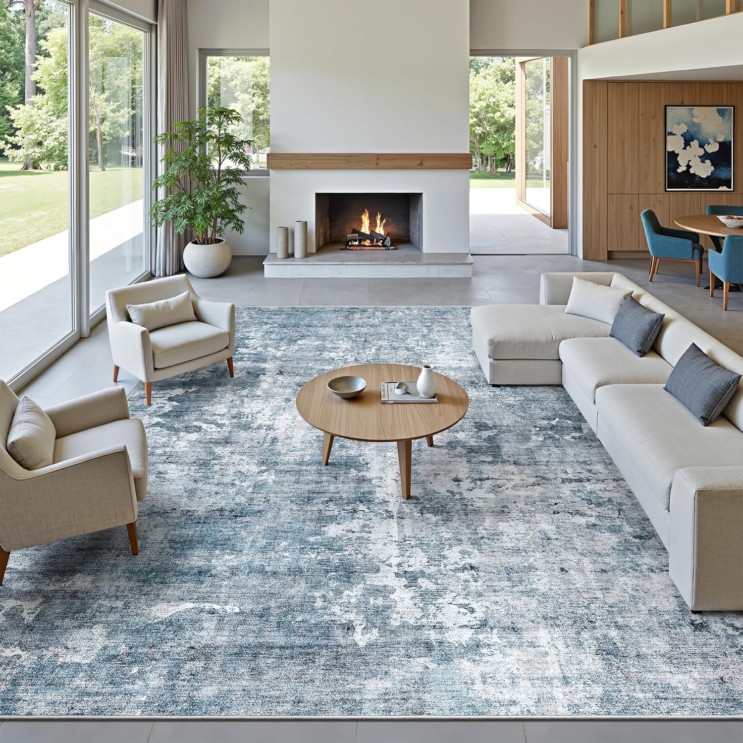 10x14 Area Rugs for Living Room, Non Slip Machine Washable Vintage Rugs, Low Pile Lightweight Large Rug for Bedroom, Dining Room, Home Office Blue