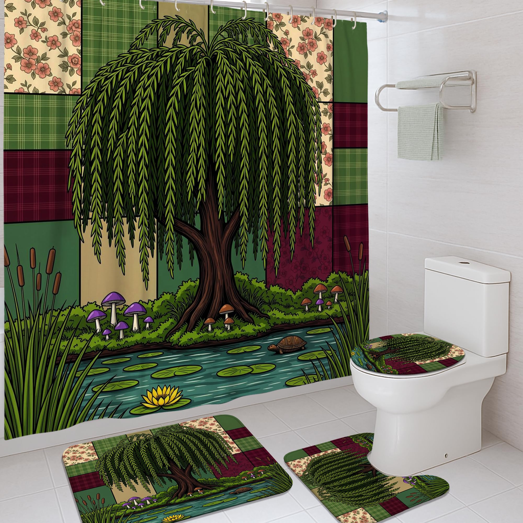 Rideau de douche motif forêt imprimé haute définition avec tapis assorti