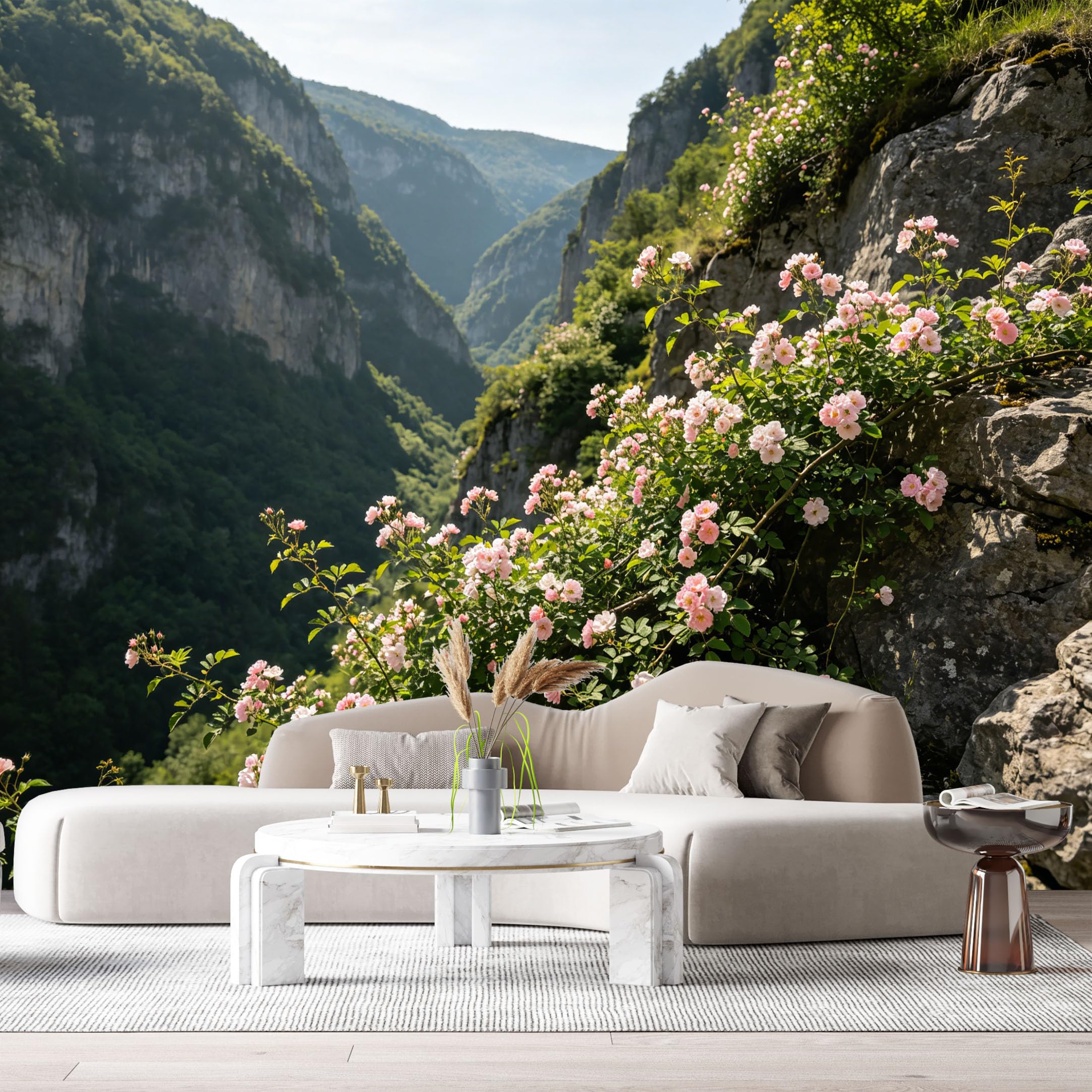 Custom Size Wall Murals Mountain Valley Landscape Botanical Pink Wildflowers Cliff View SelfAdhesive Wall Fabric Removable Large Wallpaper for Photo Living Room