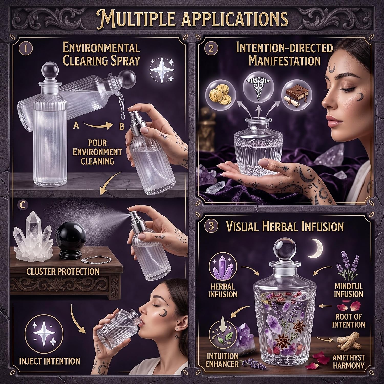 2PC Moon Water Bottle Set Glass Apothecary Jar with Lid & 2 Moon Chains for Spell & Potion Crafting Meditation Intention Setting Witchcraft Supplies (Clear Purification (2PC))